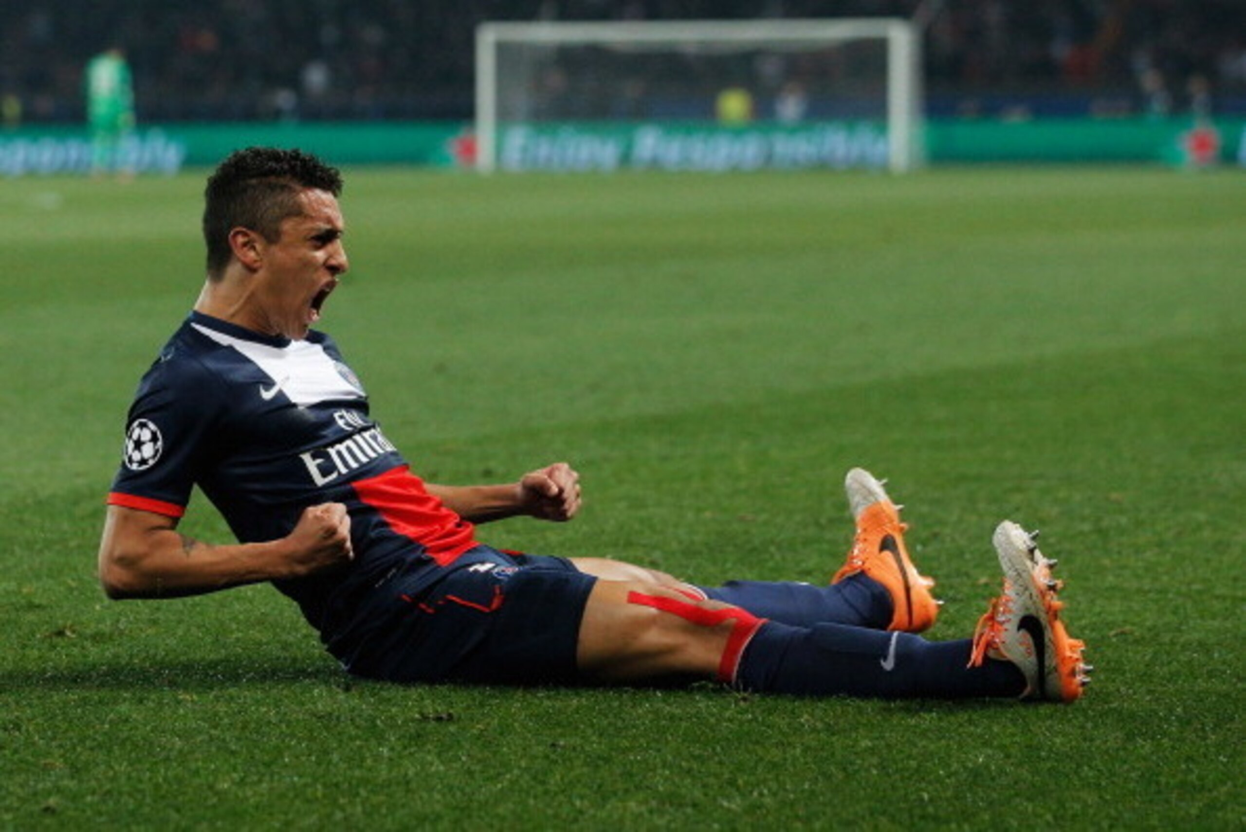 PARIS, FRANCE - MARCH 12:  Marquinhos of Paris Saint-Germain celebrates as he scores their first goal during the UEFA Champions League Round of 16 second leg match between Paris Saint-Germain FC and Bayer Leverkusen at Parc des Princes on March 12, 2014 i