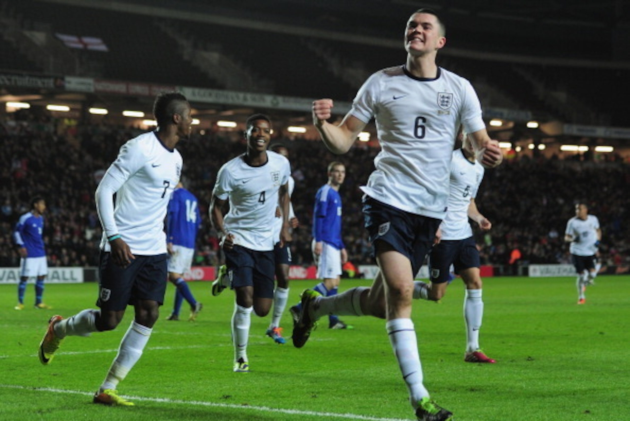 MILTON KEYNES, ENGLAND - NOVEMBER 14:  Michael Keane of England celebrates after scoring during the 2015 UEFA European Under 21 Championships Qualifier Group 1 match between England and Finland at StadiumMK on November 14, 2013 in Milton Keynes, England. 