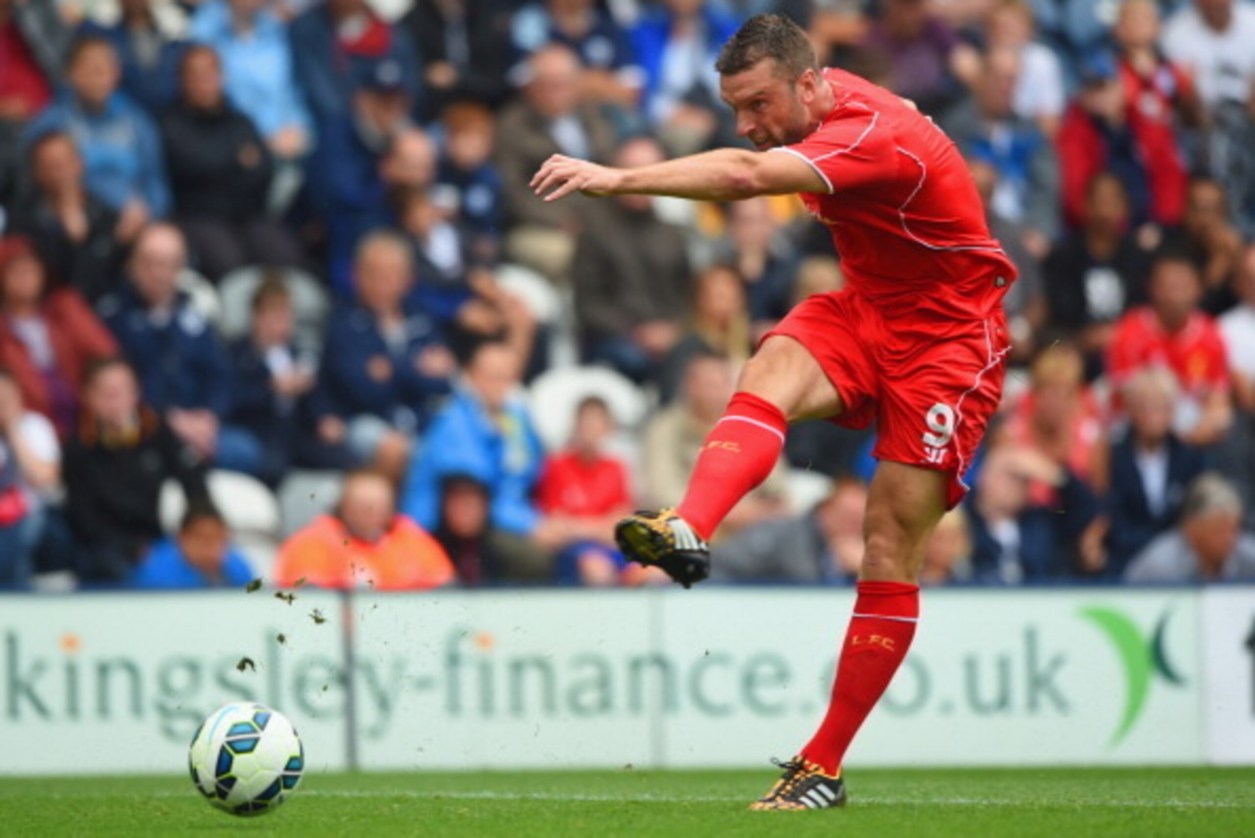 PRESTON, LANCASHIRE - JULY 19: Rickie Lambert of Liverpool shoots at goal during the pre season friendly match between Preston North End and Liverpool at Deepdale on July 19, 2014 in Preston, Lancashire.  (Photo by Michael Regan/Getty Images)