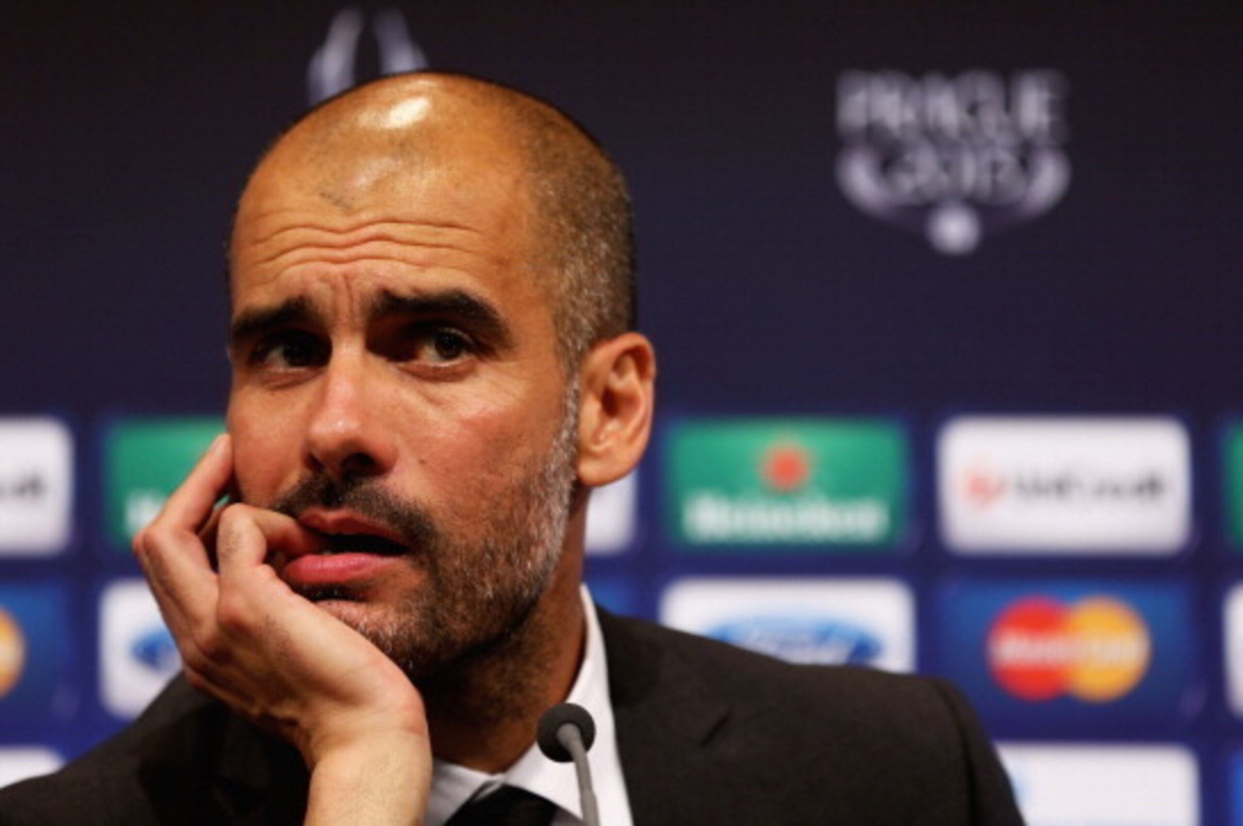 PRAGUE, CZECH REPUBLIC - AUGUST 30:  In this handout image provided by UEFA, Manager Josep Guardiola of Bayern Munich talks to the media after the UEFA Super Cup match between Bayern Muenchen and Chelsea FC at Stadion Eden on August 30, 2013 in Prague, Cz