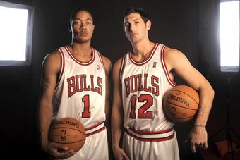 DEERFIELD, IL - SEPTEMBER 29: Derrick Rose #1 and Kirk Hinrich #12 of the Chicago Bulls pose for a portrait during NBA Media Day at the Sheri L. Berto Center September 29, 2008 in Deerfield, Illinois. NOTE TO USER: User expressly acknowledges and agrees t