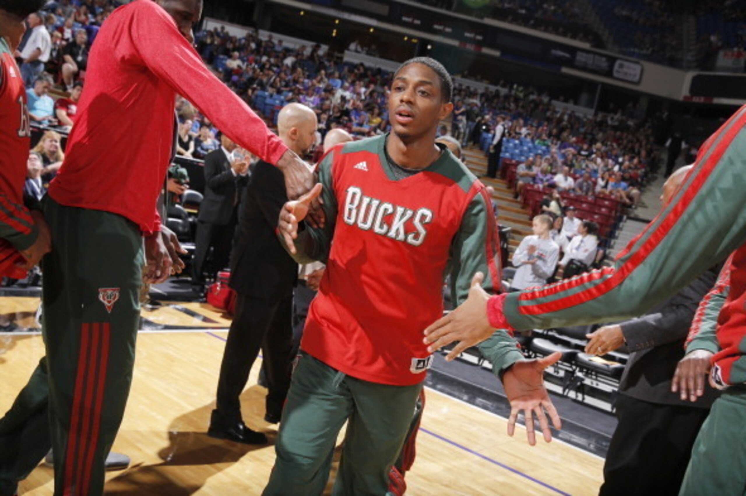 SACRAMENTO, CA - MARCH 23: Brandon Knight #11 of the Milwaukee Bucks gets introduced into the starting lineup against the Sacramento Kings on March 23, 2014 at Sleep Train Arena in Sacramento, California. NOTE TO USER: User expressly acknowledges and agre