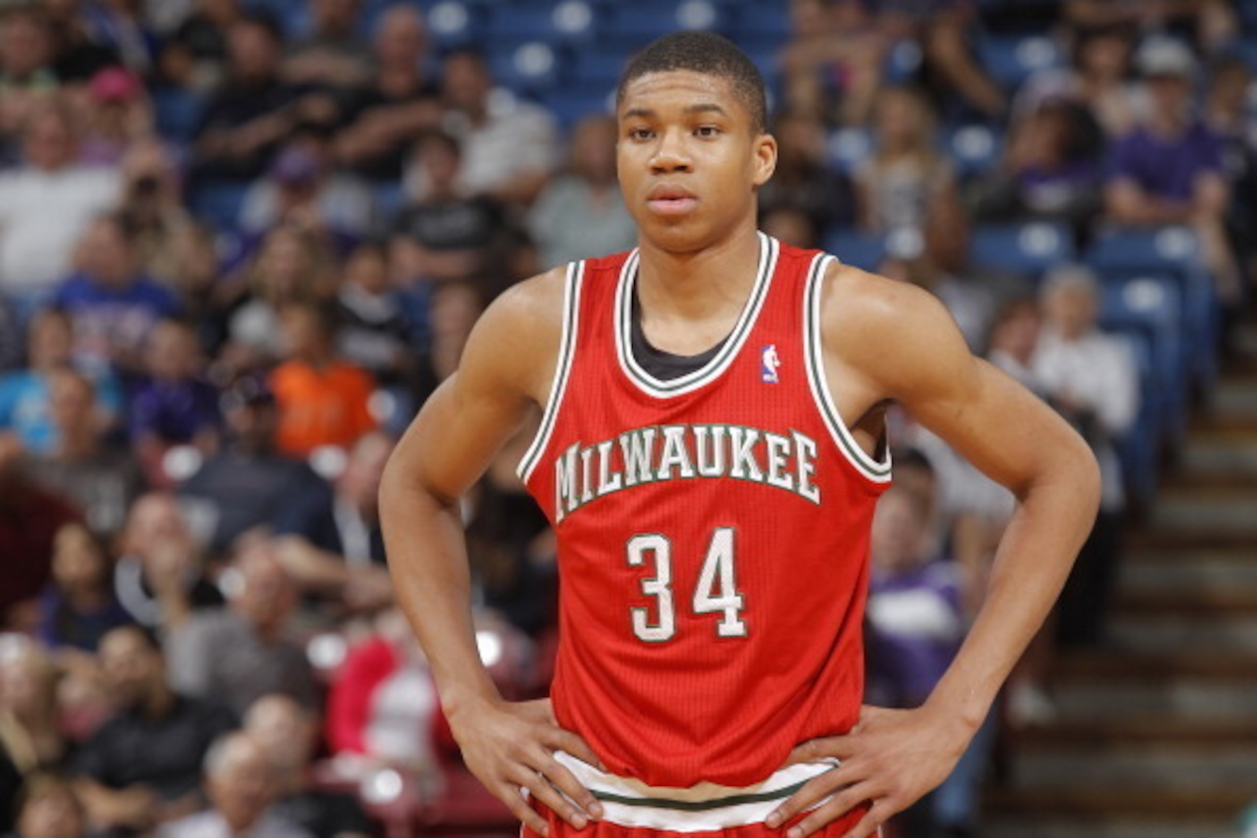 SACRAMENTO, CA - MARCH 23: Giannis Antetokounmpo #34 of the Milwaukee Bucks in a game against the Sacramento Kings on March 23, 2014 at Sleep Train Arena in Sacramento, California. NOTE TO USER: User expressly acknowledges and agrees that, by downloading 