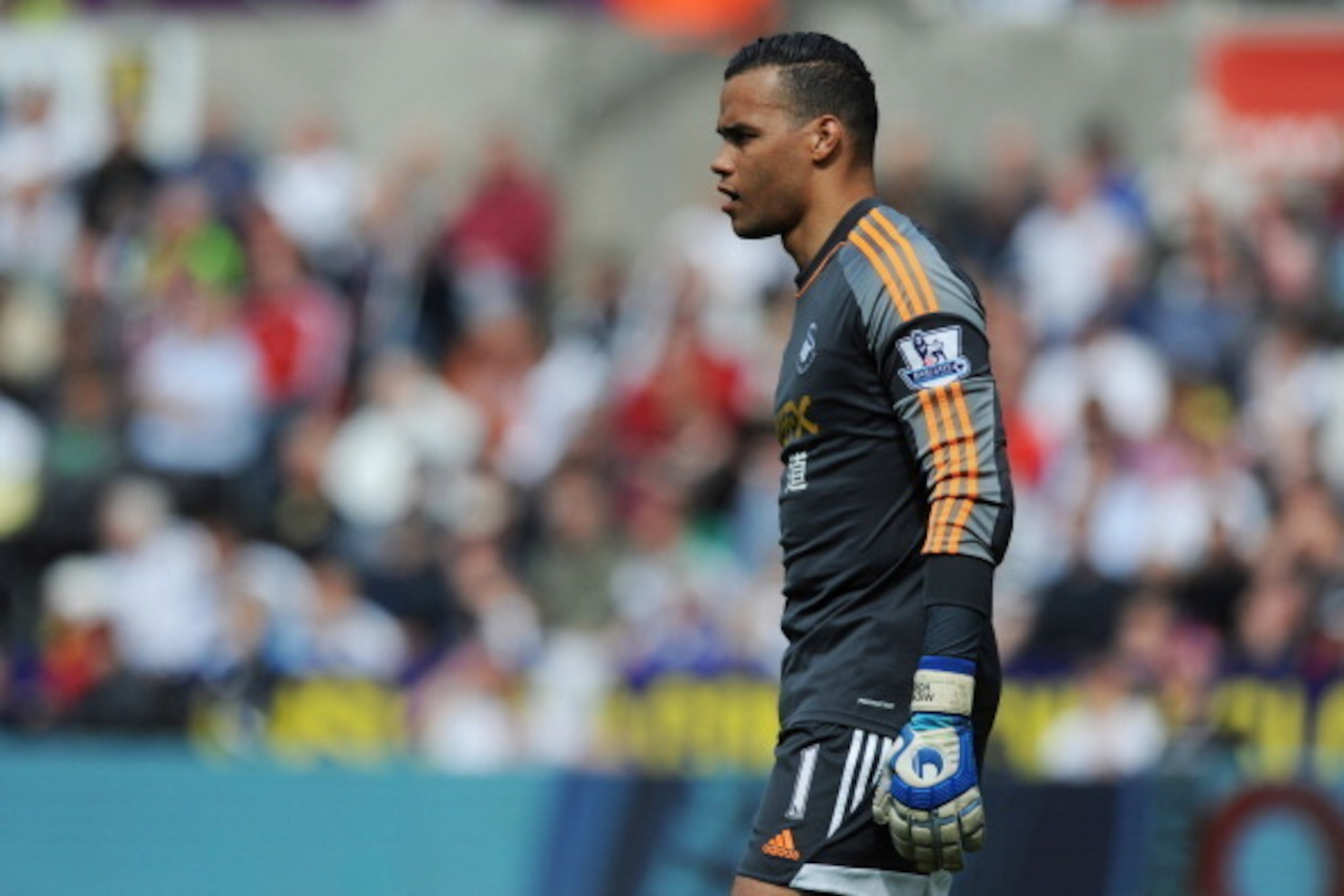 SWANSEA, WALES - MAY 03: Michel Vorm of Swansea City looks on during the Barclays Premier League match between Swansea City and Southampton at Liberty Stadium on May 3, 2014 in Swansea, Wales. Photo by Steve Bardens/Getty Images)