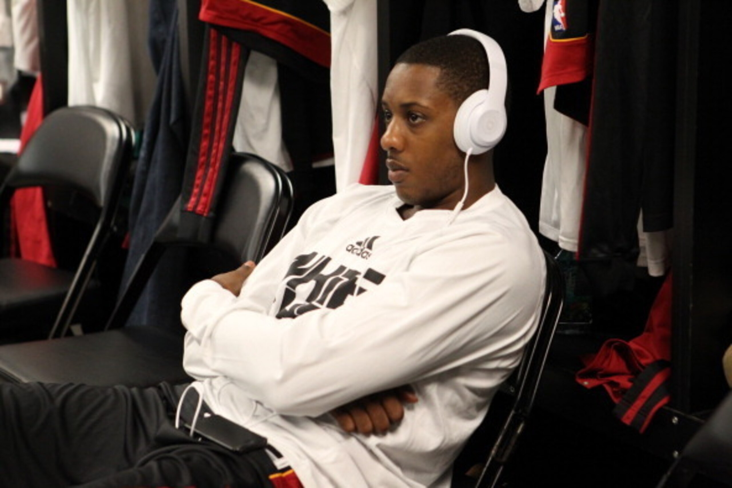 SAN ANTONIO, TX - JUNE 15: Mario Chalmers #15 of the Miami Heat before the game against the San Antonio Spurs during Game Five of the 2014 NBA Finals at AT&T Center on June 15, 2014 in San Antonio, Texas. NOTE TO USER: User expressly acknowledges and agre