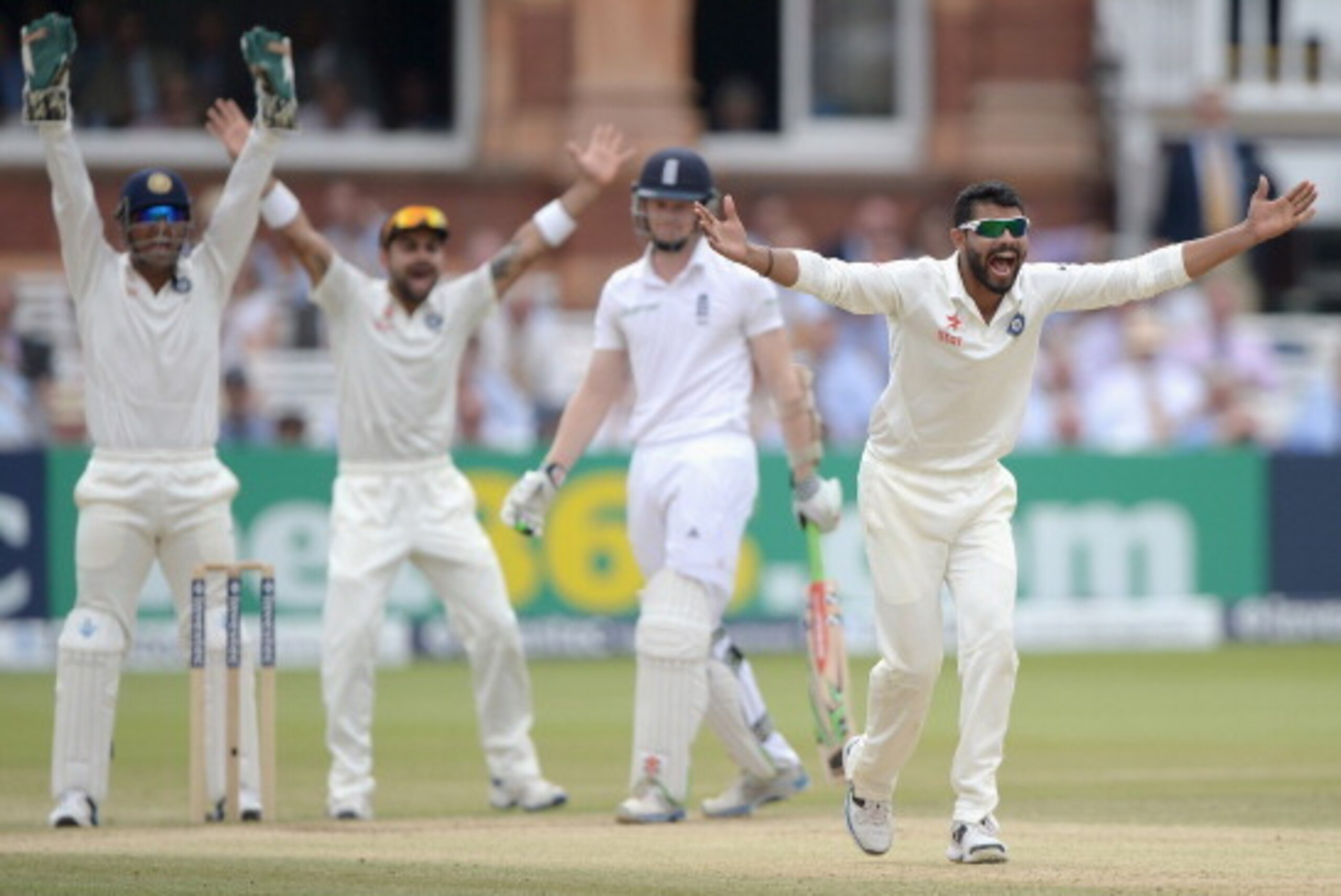 LONDON, ENGLAND - JULY 20:  Ravindra Jadeja of India successfully appeals for the wicket of Sam Robson of England during day four of 2nd Investec Test match between England and India at Lord's Cricket Ground on July 20, 2014 in London, United Kingdom.  (P