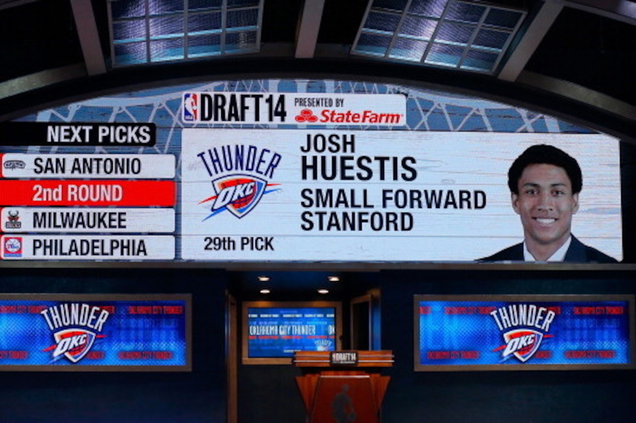 NEW YORK, NY - JUNE 26:  A video screen shows the selection of Josh Huestis of Stanford as the #29 overall pick in the first round by the Oklahoma City Thunder during the 2014 NBA Draft at Barclays Center on June 26, 2014 in the Brooklyn borough of New Yo