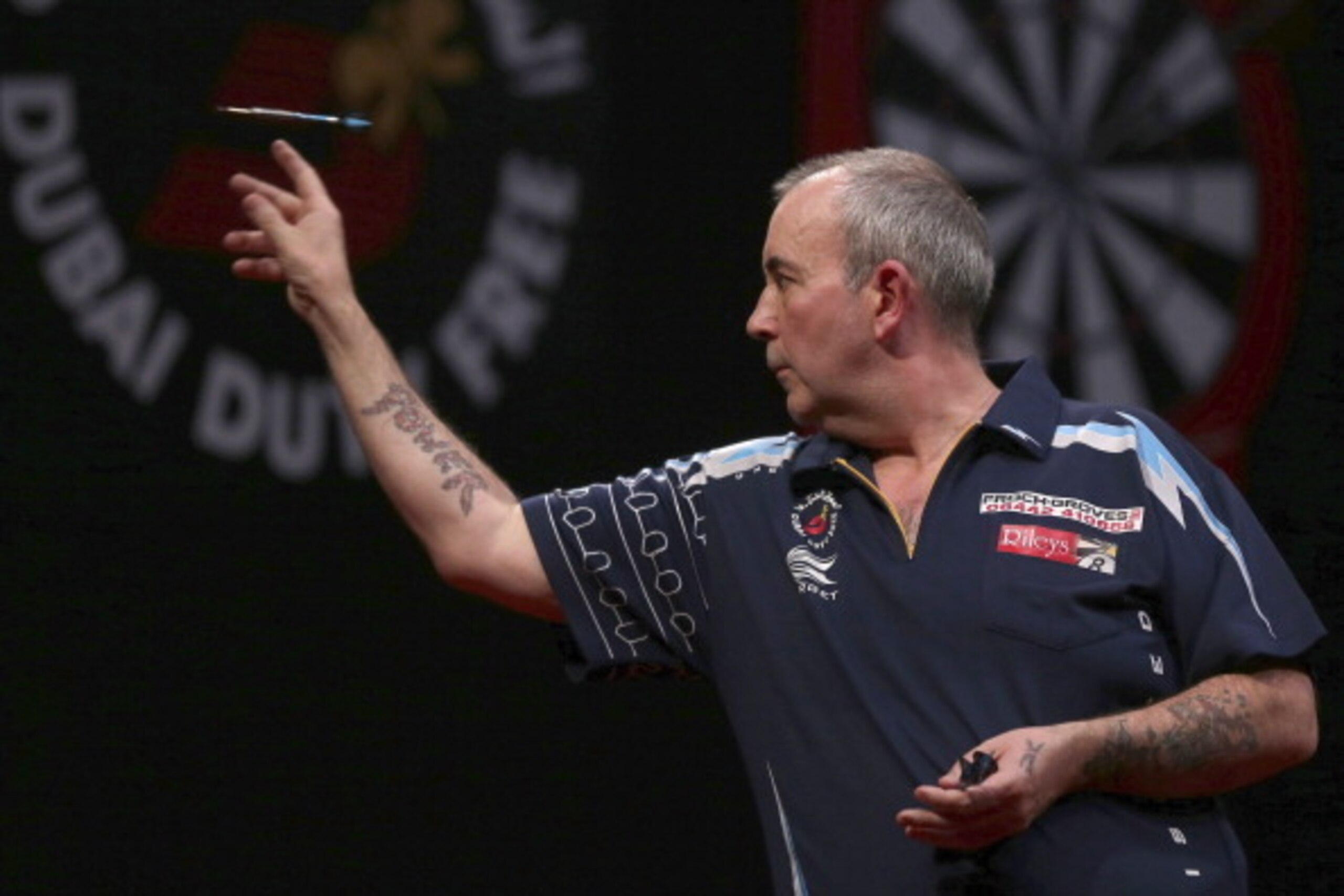 DUBAI, UNITED ARAB EMIRATES - MAY 29:  Phil Taylor of England plays against Peter Wright of England  during the 2014 Dubai Duty Free Darts Masters Quarter-Final match at Dubai Duty Free Tennis Stadium, Irish Village on May 29, 2014 in Dubai, United Arab E