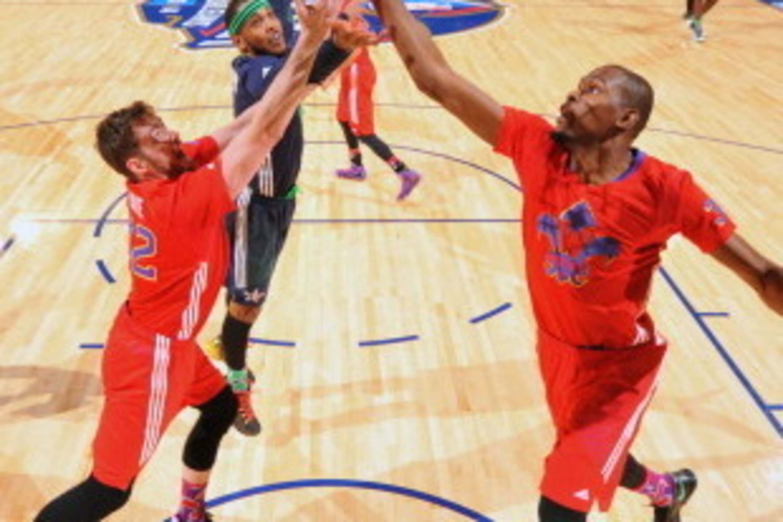 NEW ORLEANS, LA - FEBRUARY 16:  Kevin Durant #35 and Kevin Love #42 of the Western Conference grabs the rebound against Carmelo Anthony of the Eastern Conference during the 2014 NBA All-Star Game at Smoothie King Center on February 16, 2014 in New Orleans