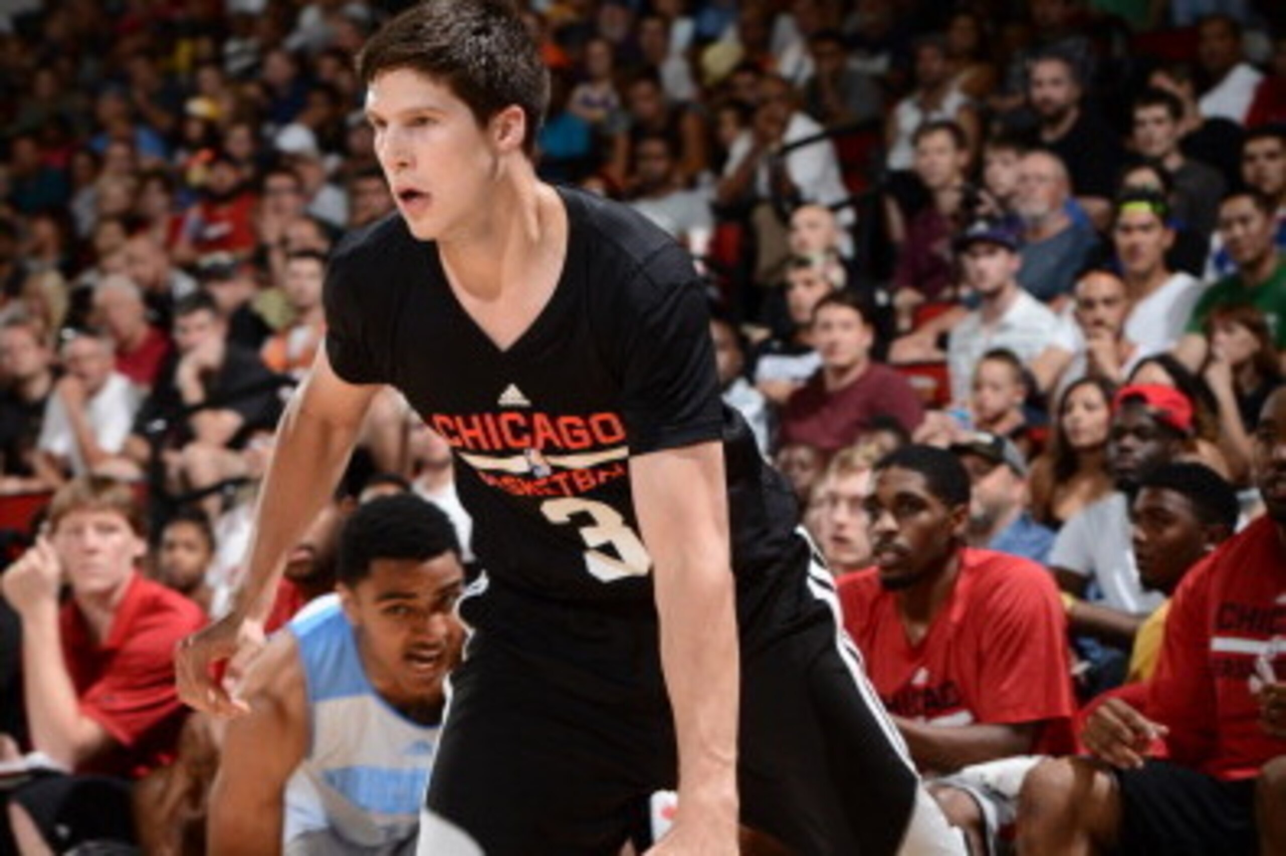 LAS VEGAS, NV - JULY 13:  Doug McDermott #3 of the Chicago Bulls handles the ball against the Denver Nuggets at the Samsung NBA Summer League 2014 on July 13, 2014 at the Cox Pavilion in Las Vegas, Nevada. NOTE TO USER: User expressly acknowledges and agr