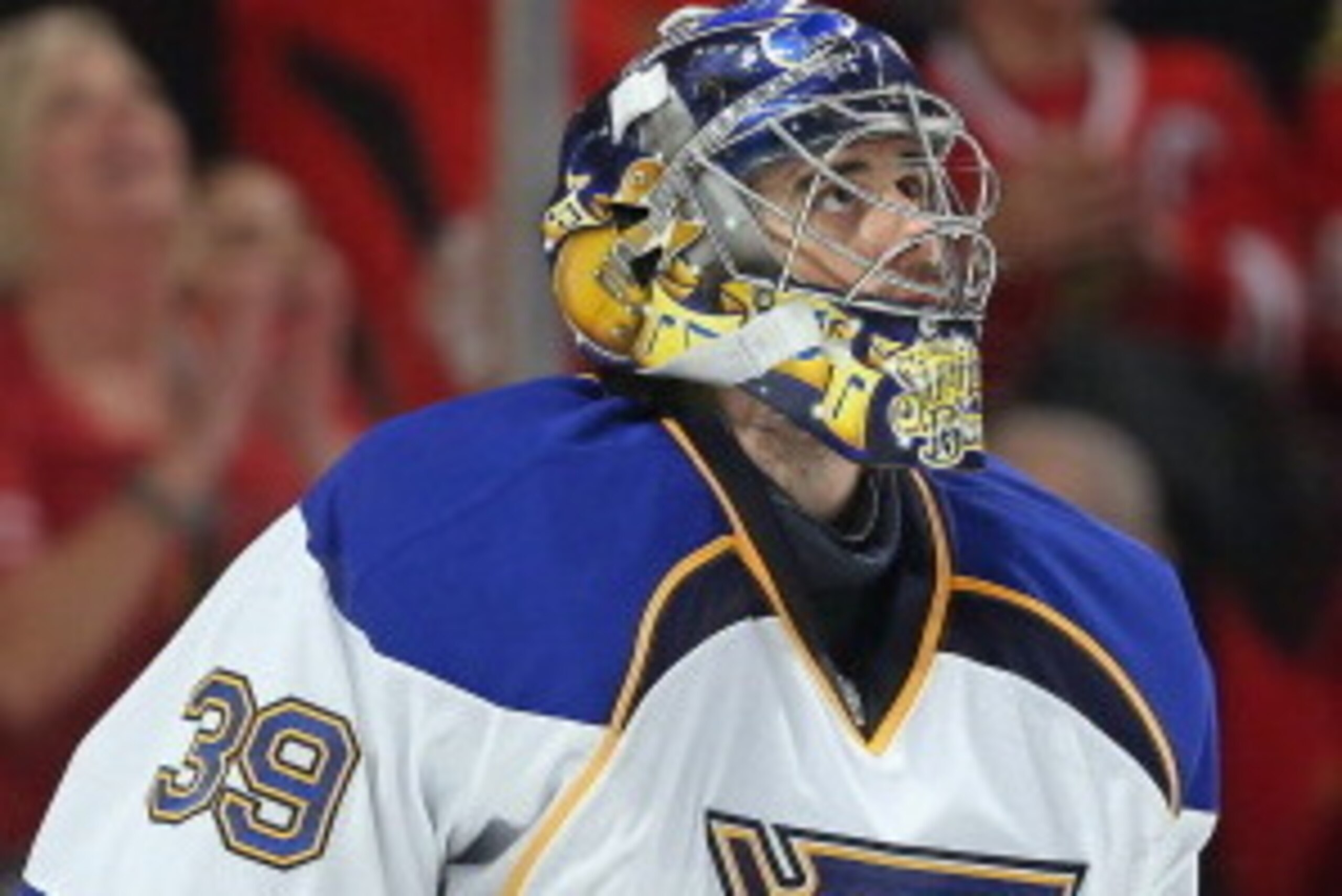 CHICAGO, IL - APRIL 27: Ryan Miller #39 of the St. Louis Blues looks up at thr replay board after giving up a third period goal to the Chicago Blackhawks in Game Six of the First Round of the 2014 NHL Stanley Cup Playoffs at the United Center on April 27,