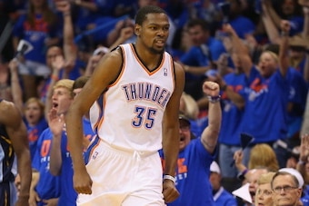 OKLAHOMA CITY, OK - MAY 03:  Kevin Durant #35 of the Oklahoma City Thunder celebrates after making a three-point shot against the Memphis Grizzlies in Game Seven of the Western Conference Quarterfinals during the 2014 NBA Playoffs at Chesapeake Energy Are