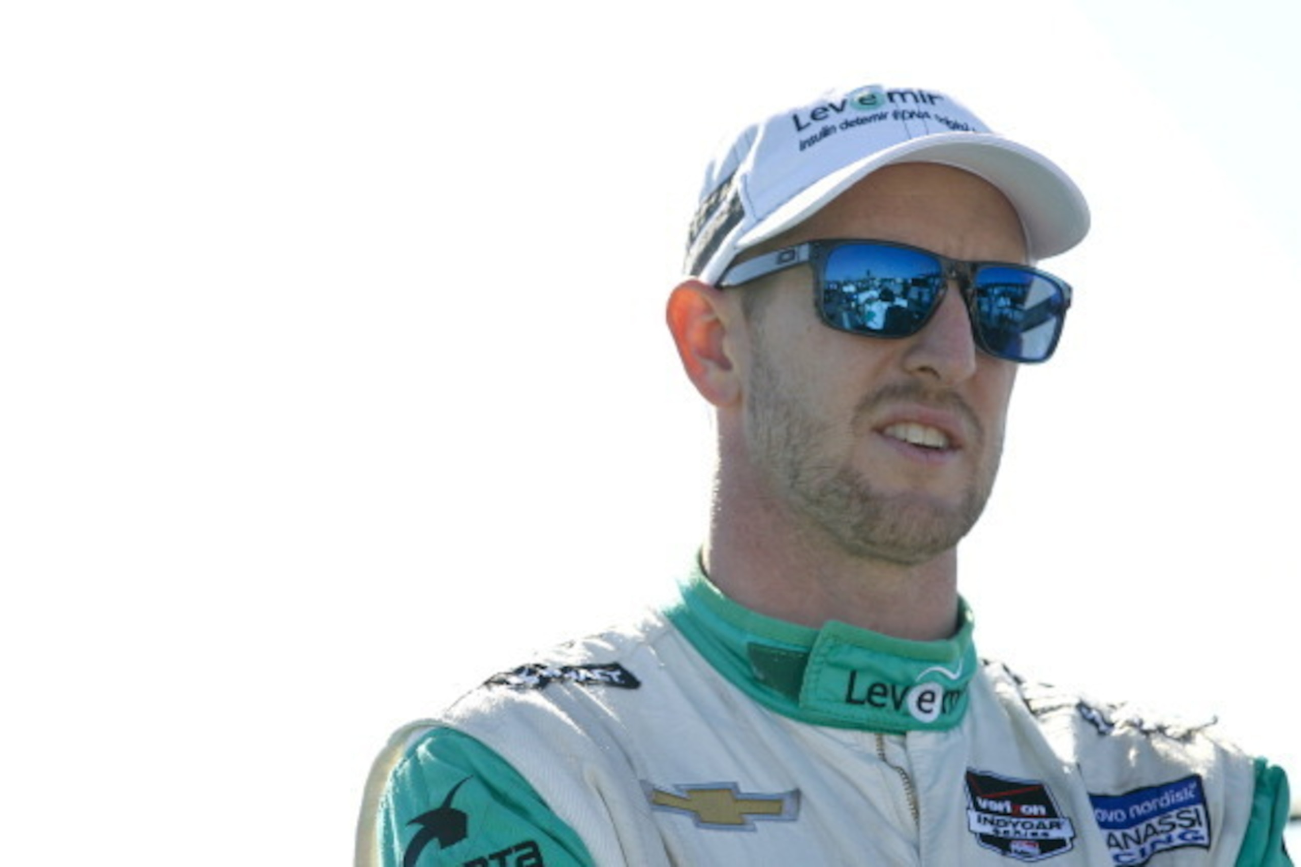 LONG POND, PA - JULY 5 :  Charlie Kimball driver of  the #83 Levemir FlexTouch Chevrolet stands on the grid during qualifying for the Pocono INDYCAR 500 at Pocono Raceway on July 5, 2014 in Long Pond, Pennsylvania.  (Photo by Jeff Zelevansky/Getty Images)