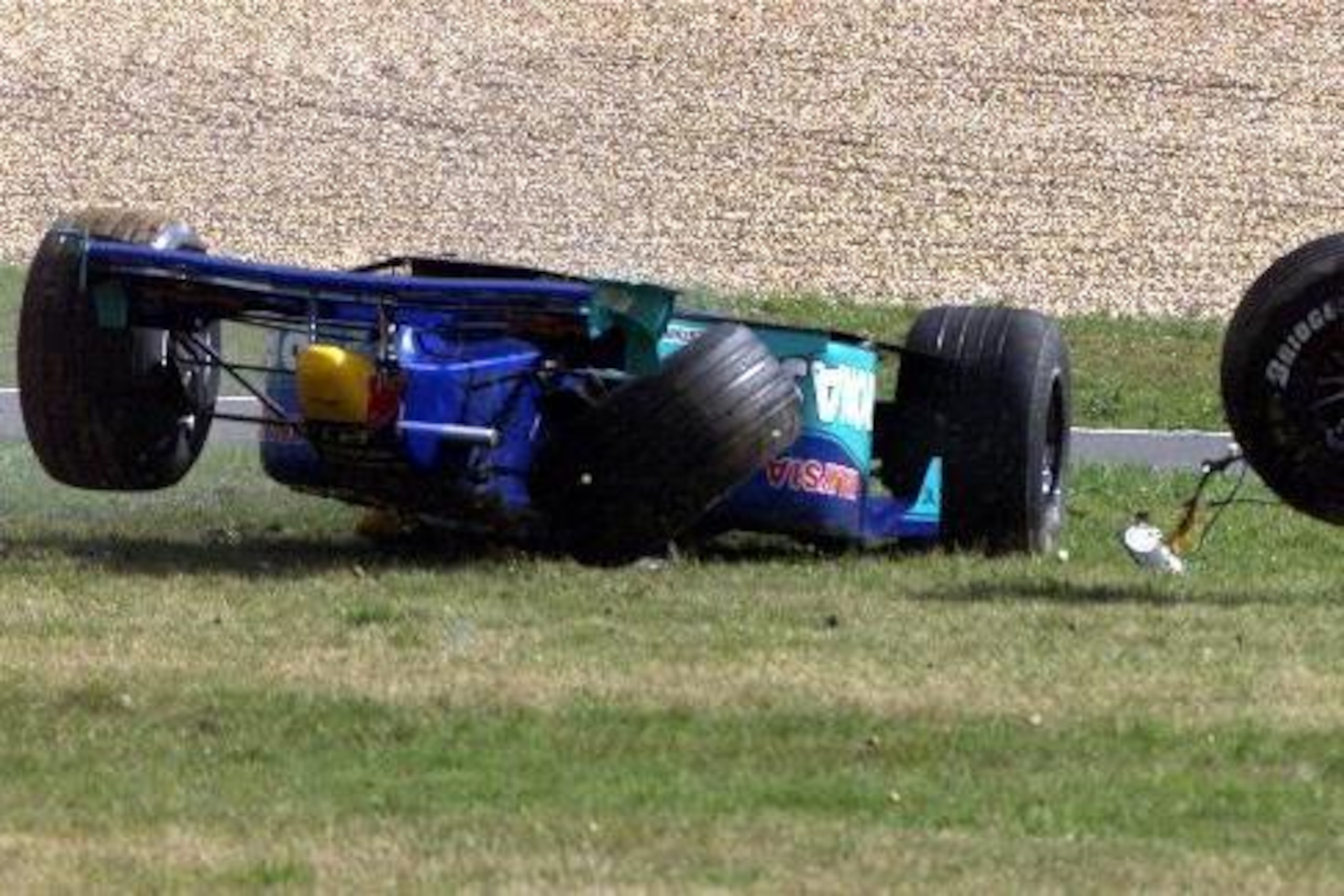 The roll structure fails on the Sauber of Pedro Diniz at the 1999 European Grand Prix.