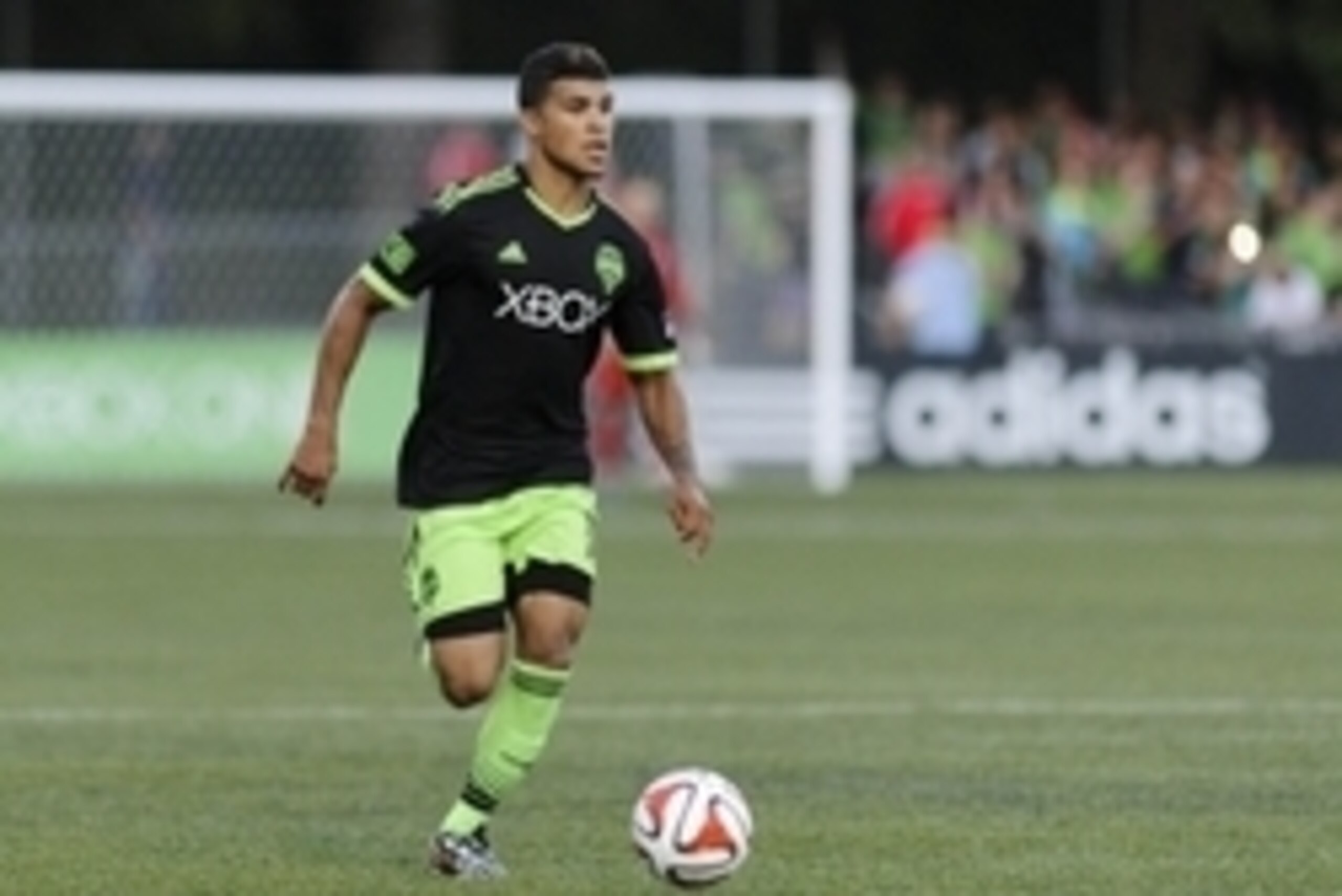 Jul 9, 2014; Tukwila, WA, USA; Seattle Sounders FC defender DeAndre Yedlin (17) dribbles the ball during the second half against the Portland Timbers at Starfire Soccer Stadium. Seattle defeated Portland 3-1. Mandatory Credit: Steven Bisig-USA TODAY Sport