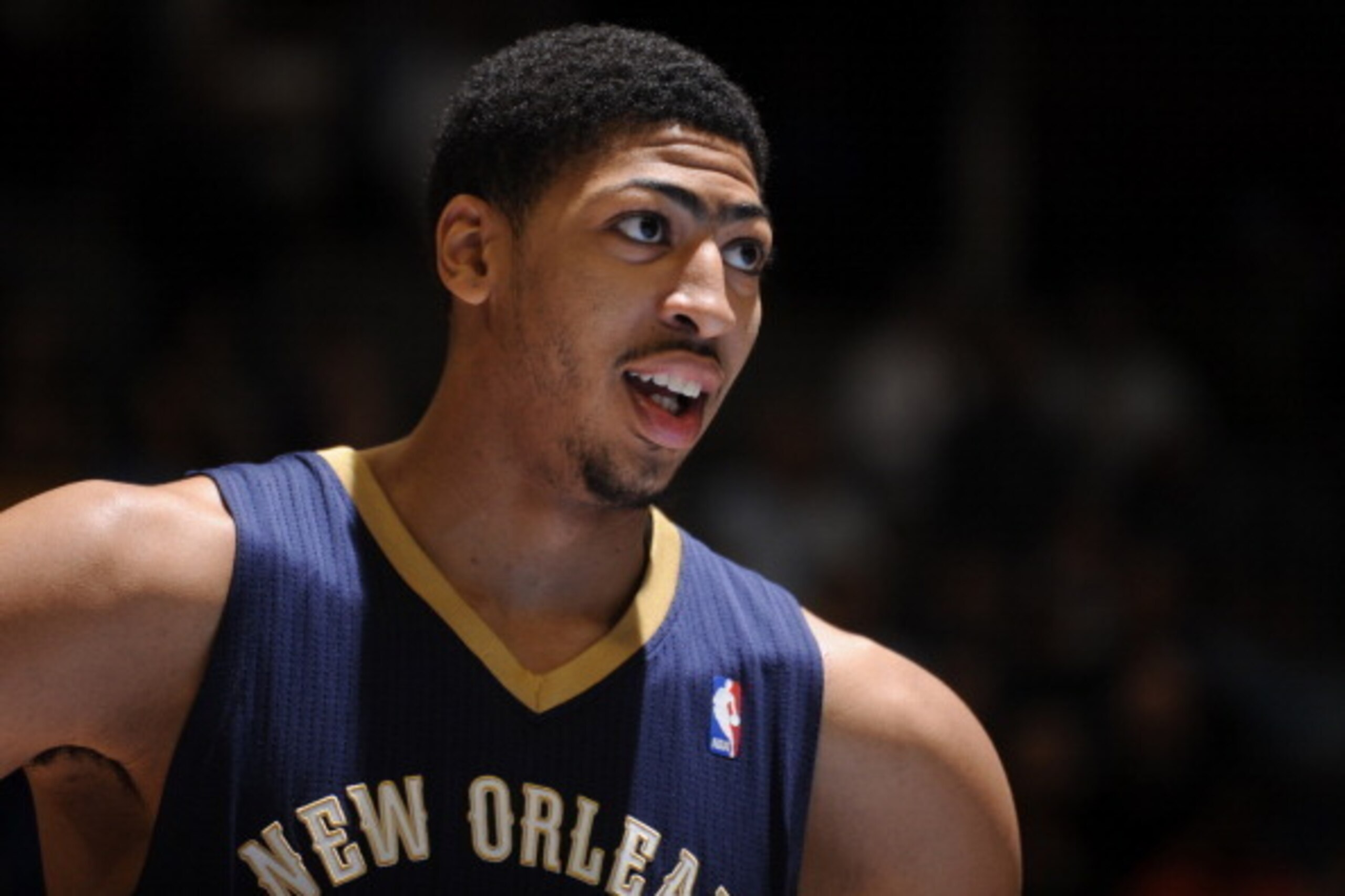 DENVER, CO - APRIL 2: Anthony Davis #23 of the New Orleans Pelicans looks on against the Denver Nuggets on April 2, 2014 at the Pepsi Center in Denver, Colorado. NOTE TO USER: User expressly acknowledges and agrees that, by downloading and/or using this P