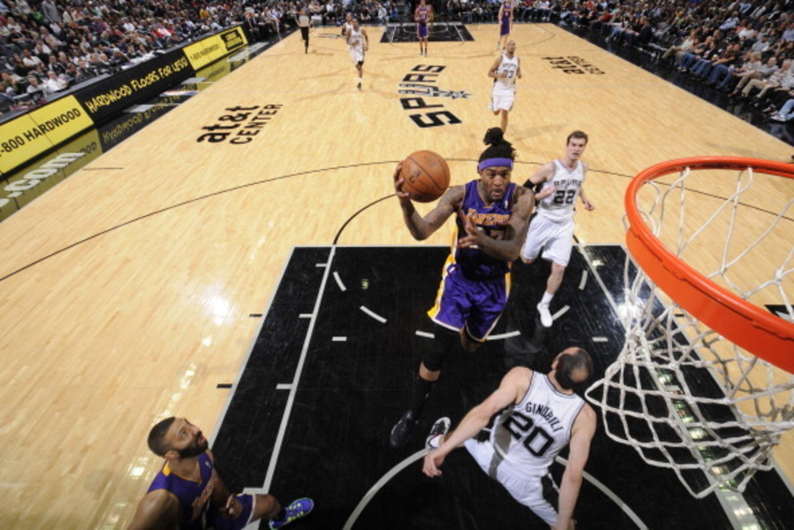 SAN ANTONIO, TX - April 16: Jordan Hill #27 of the Los Angeles Lakers goes to the basket against the San Antonio Spurs at the AT&T Center on April 16, 2014 in San Antonio, Texas. NOTE TO USER: User expressly acknowledges and agrees that, by downloading an SAN ANTONIO, TX - April 16: Jordan Hill #27 of the Los Angeles Lakers goes to the basket against the San Antonio Spurs at the AT&T Center on April 16, 2014 in San Antonio, Texas. NOTE TO USER: User expressly acknowledges and agrees that, by downloading an