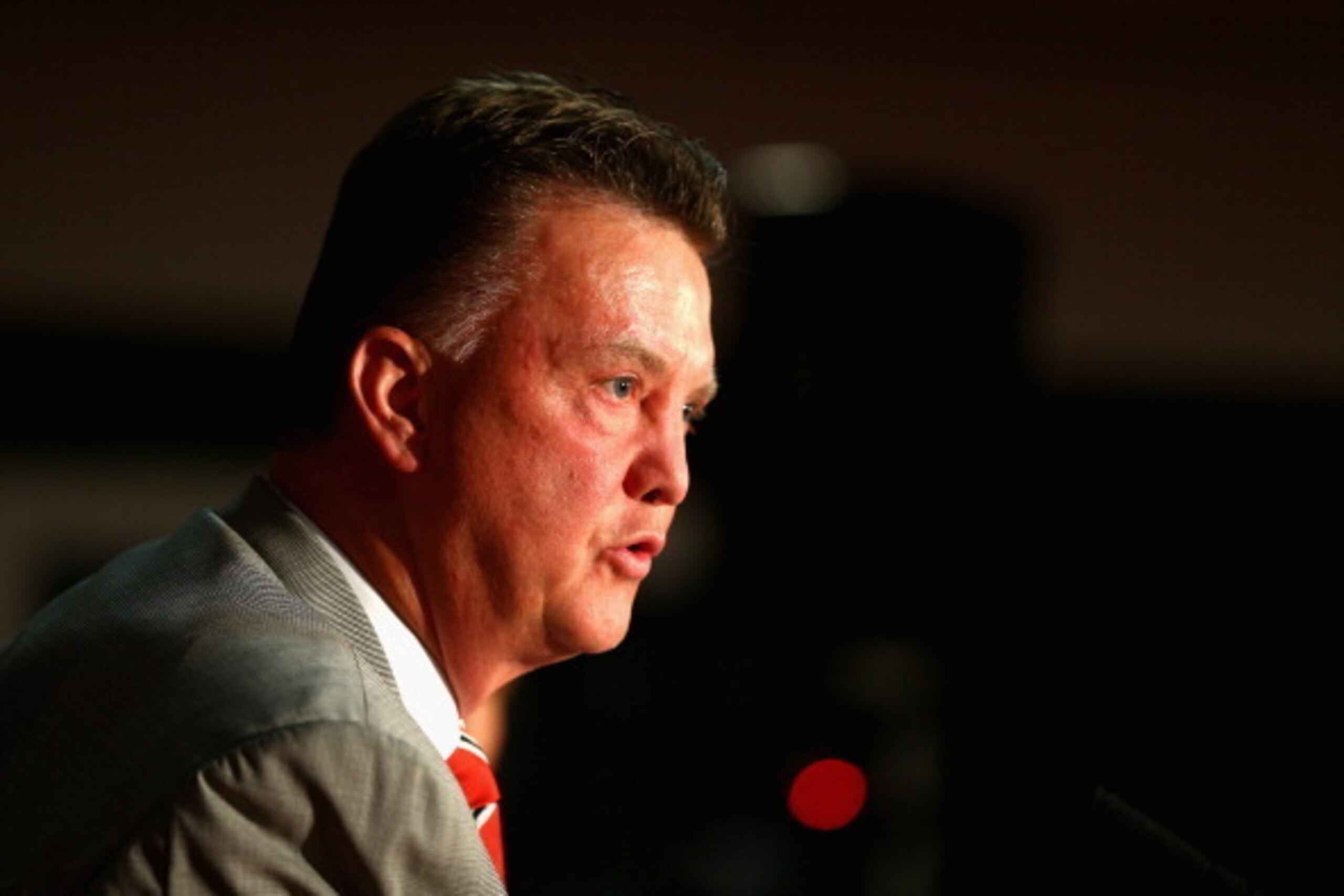 MANCHESTER, ENGLAND - JULY 17:  Louis van Gaal appears at a press conference as he is unveiled as the new Manchester United manager at Old Trafford on July 17, 2014 in Manchester, England.  (Photo by Clive Mason/Getty Images)