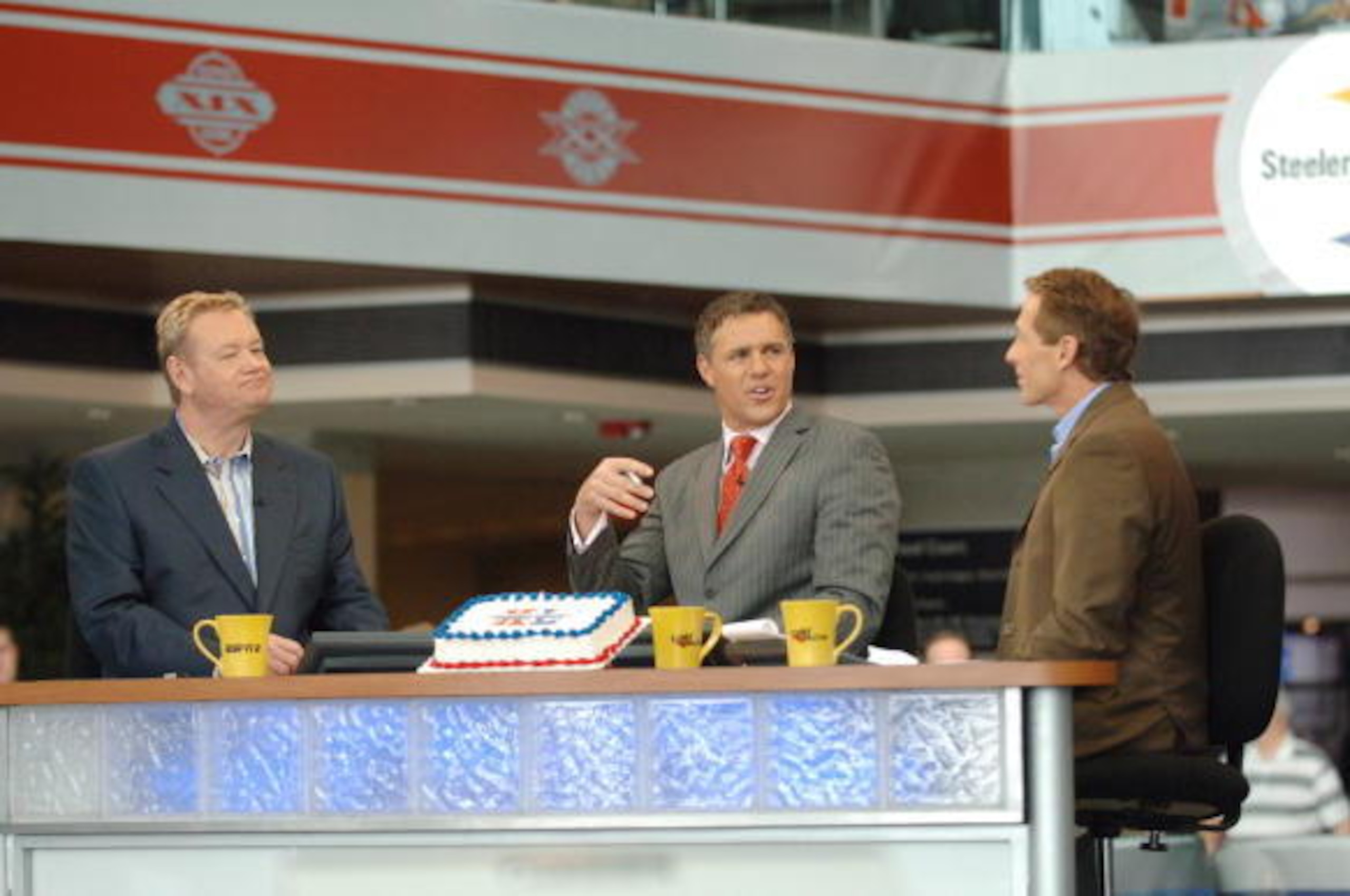 Woody Paige, Jay Crawford and Skip Bayless during a broadcast of ESPN's Cold Pizza from the Super Bowl XL Media Center at the Renaissance Center in Detroit, Michigan on January 30, 2006.  (Photo by Al Messerschmidt/Getty Images)