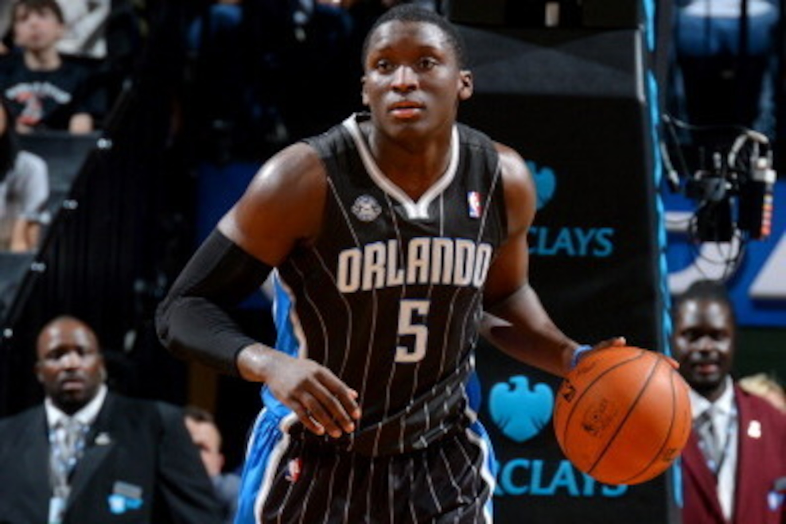 BROOKLYN, NY - APRIL 13: Victor Oladipo #5 of the Orlando Magic drives against the Brooklyn Nets on April 13, 2014 at the Barclays Center in Brooklyn, New York. NOTE TO USER: User expressly acknowledges and agrees that, by downloading and or using this ph