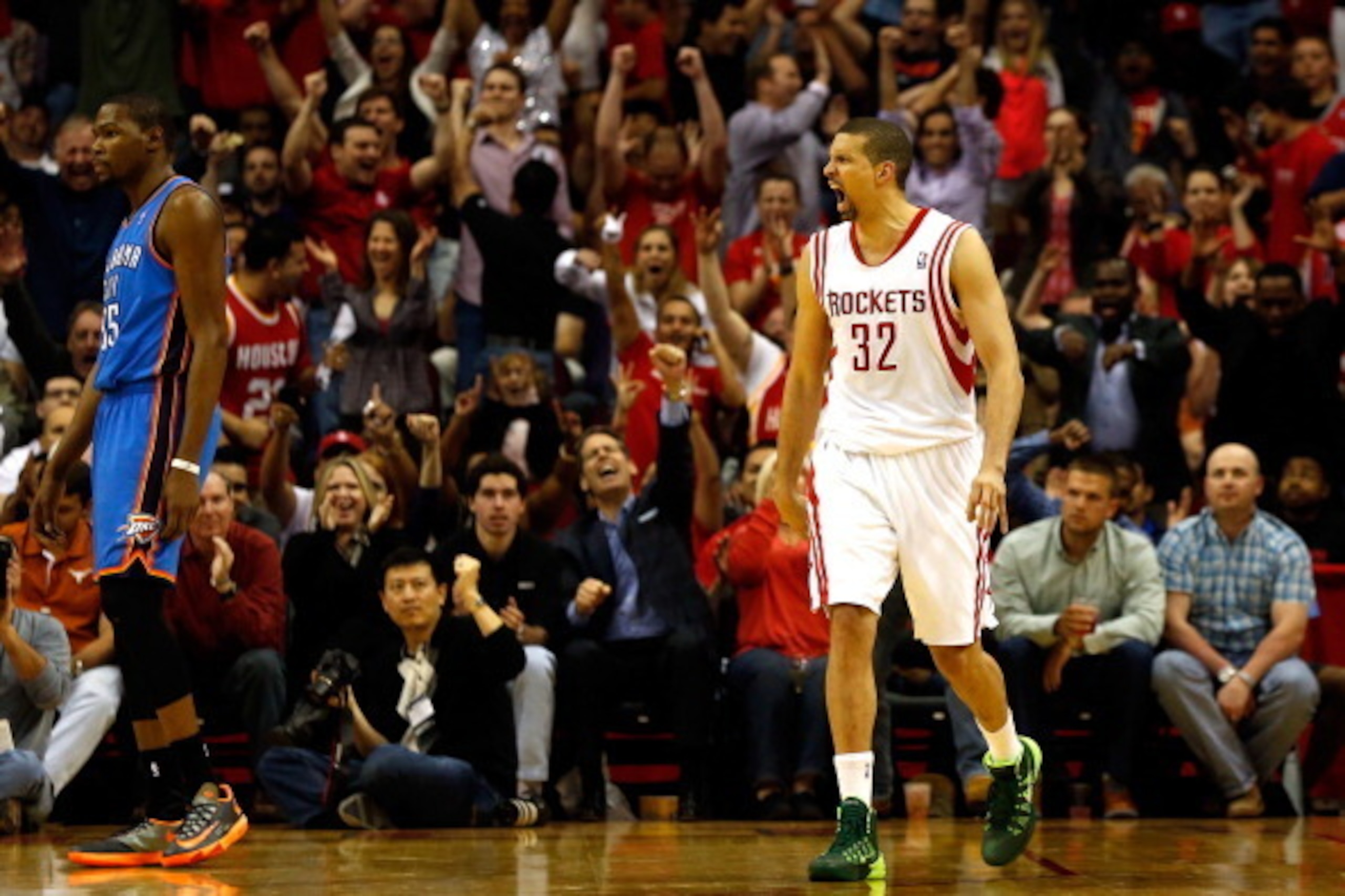 HOUSTON, TX - APRIL 04:  Francisco Garcia #32 of the Houston Rockets celebrates after scoring a three pointer in the fourth period against the Oklahoma City Thunder during a game at the Toyota Center on April 4, 2014 in Houston, Texas. NOTE TO USER: User 