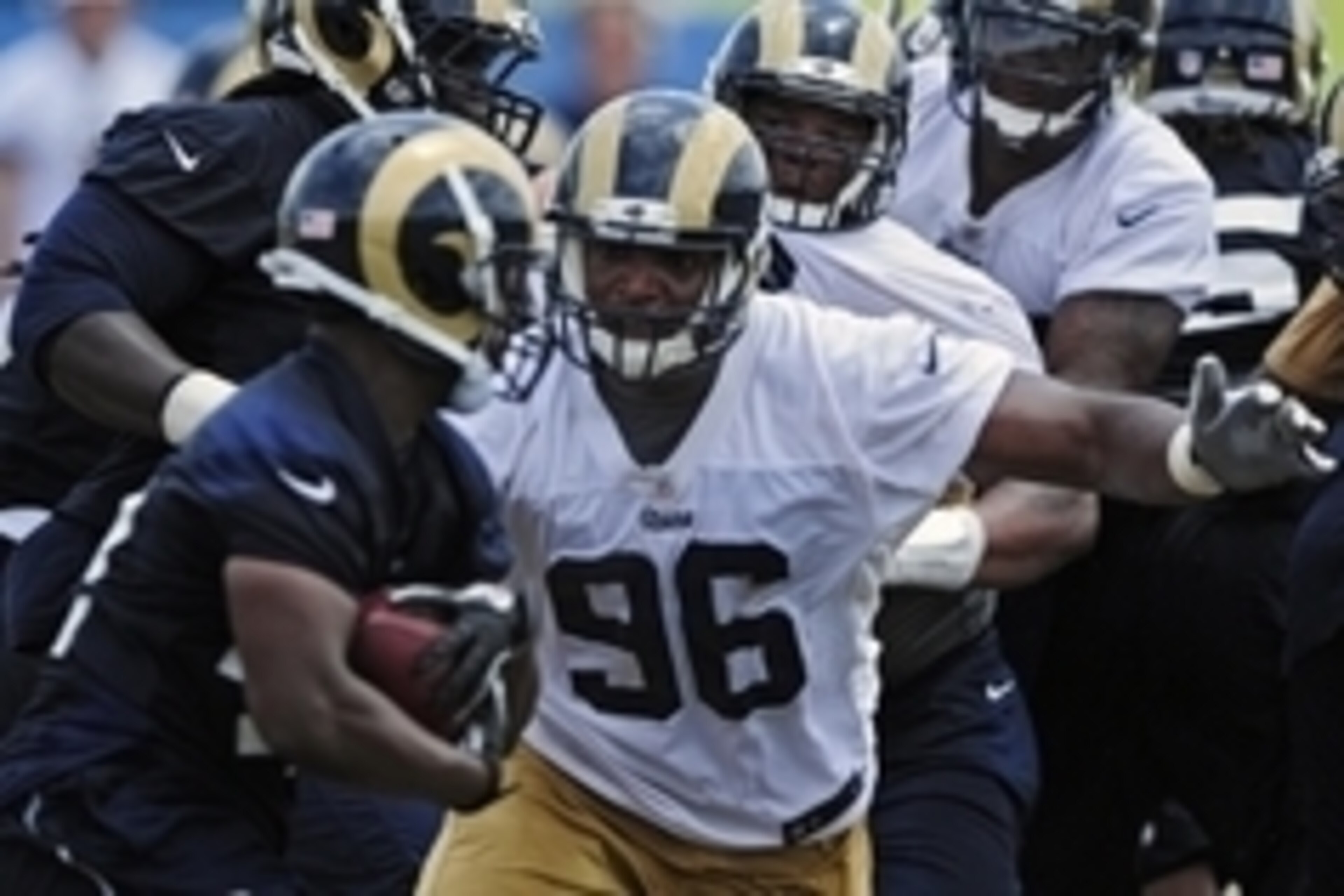 Jun 17, 2014; St. Louis, MO, USA; St. Louis Rams defensive end Michael Sam (96) runs through drills during minicamp at Rams Park. Mandatory Credit: Jeff Curry-USA TODAY Sports
