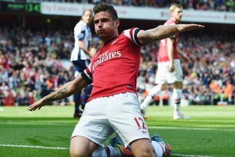 LONDON, ENGLAND - MAY 04:  Olivier Giroud of Arsenal after scoring during the Barclays Premier League match between Arsenal and West Bromwich Albion at the Emirates Stadium on May 4, 2014 in London, England.  (Photo by Shaun Botterill/Getty Images)