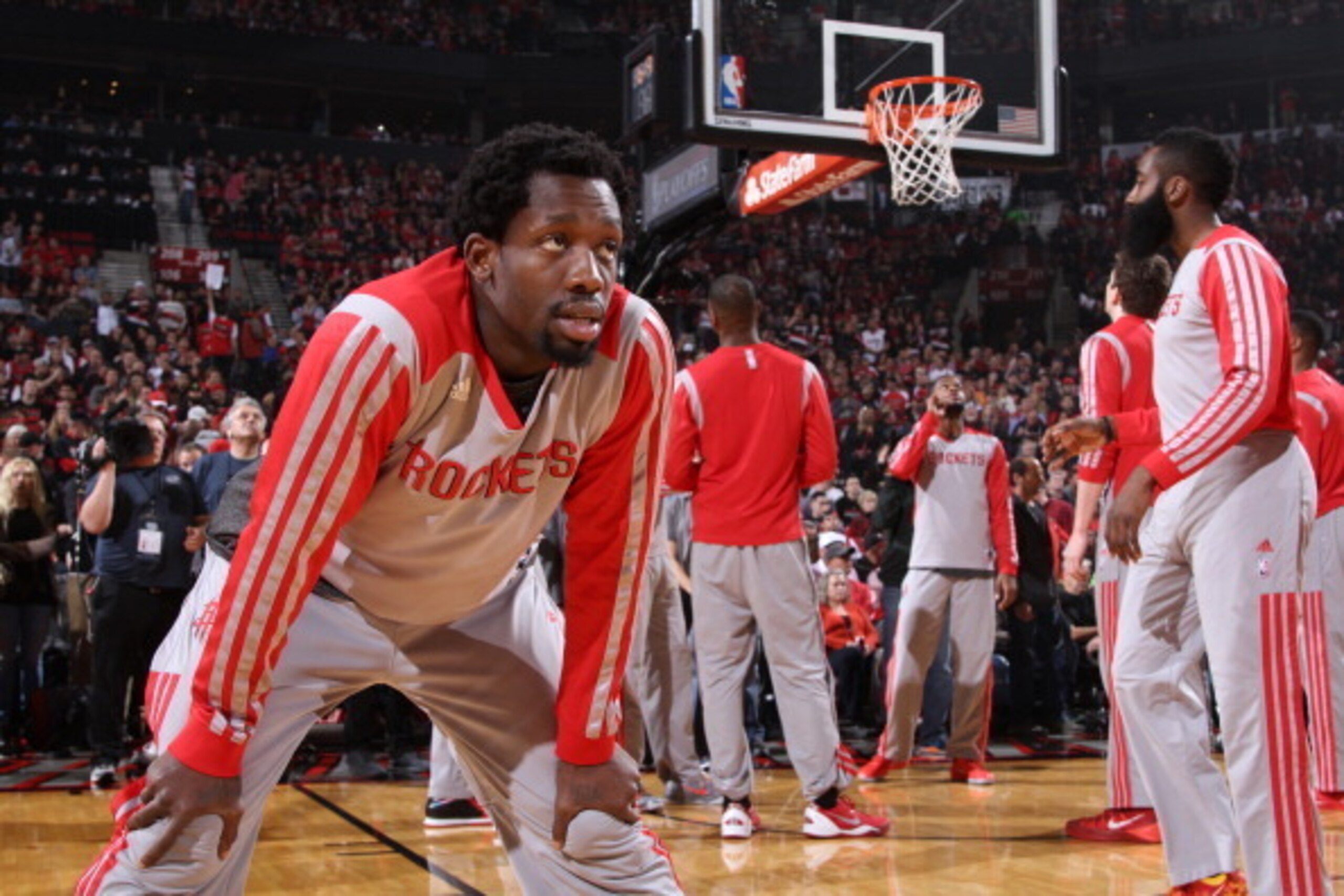 PORTLAND, OR - APRIL 27: Patrick Beverley #2 of the Houston Rockets stretches before a game against the Portland Trail Blazers  in Game Four of the Western Conference Quarterfinals during the 2014 NBA Playoffs on April 27, 2014 at the Moda Center in Portl