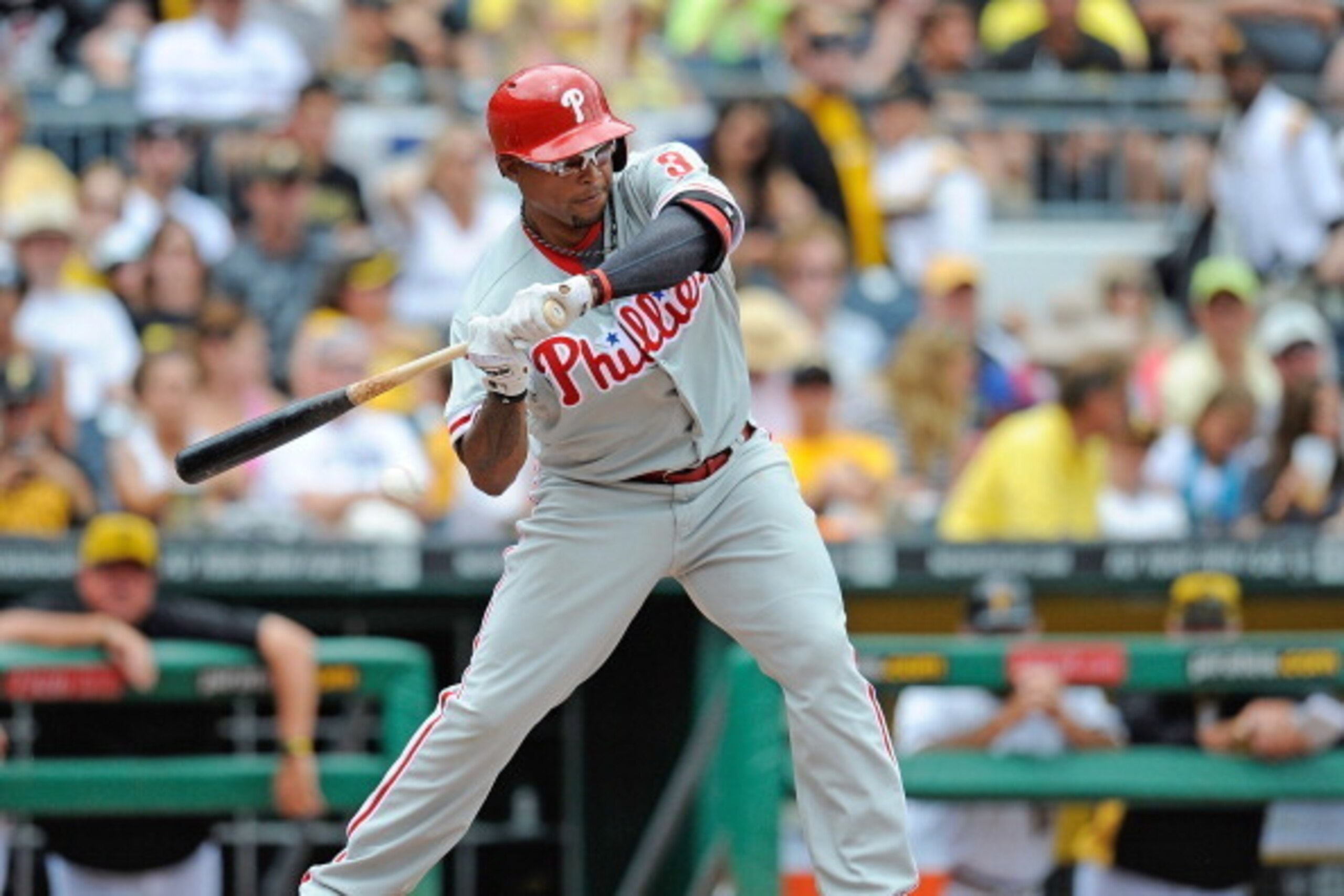 PITTSBURGH, PA - JULY 6:  Marlon Byrd #3 of the Philadelphia Phillies bats against the Pittsburgh Pirates on July 6, 2014 at PNC Park in Pittsburgh, Pennsylvania.  (Photo by Joe Sargent/Getty Images)
