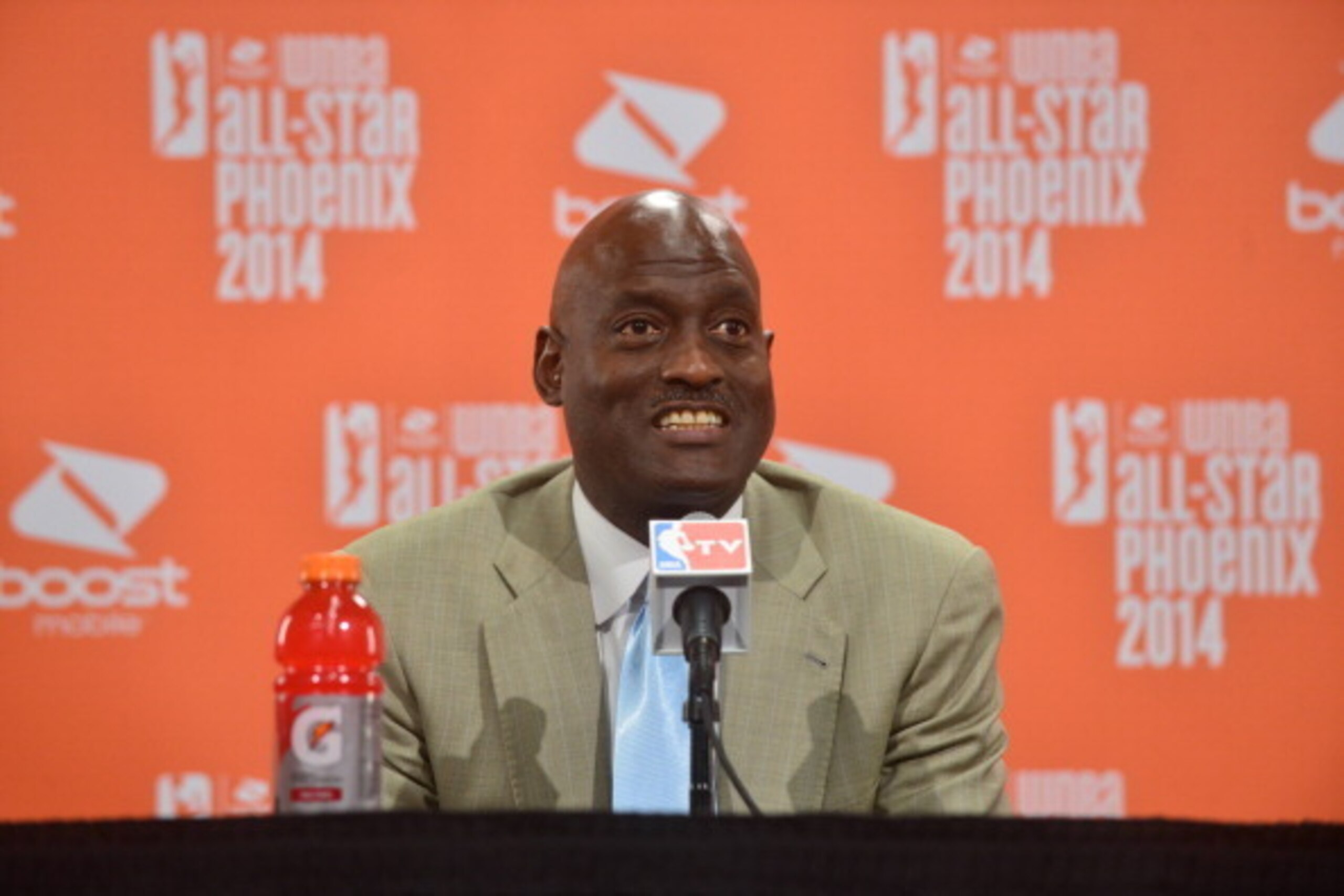 PHOENIX, AZ - JULY 19: Eastern Conference All-Stars Head Coach Michael Cooper talks to the media following the 2014 Boost Mobile WNBA All-Star Game on July 19, 2014 at US Airways Center in Phoenix, Arizona. NOTE TO USER: User expressly acknowledges and ag