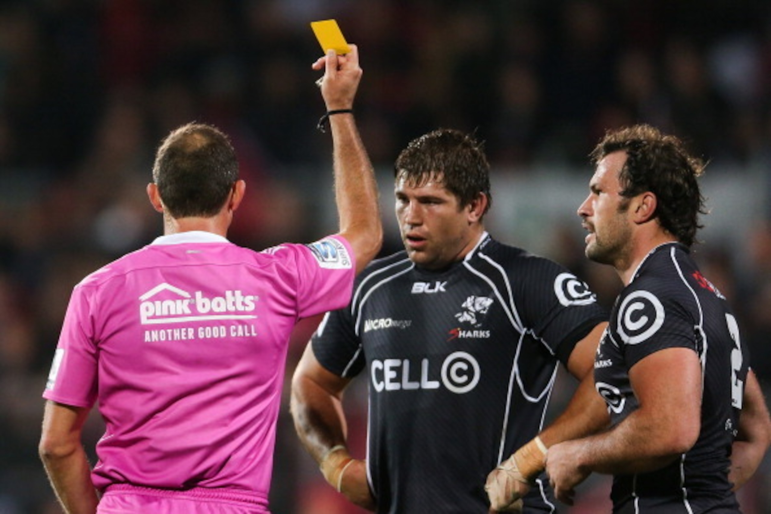 CHRISTCHURCH, NEW ZEALAND - MAY 17: Willem Alberts (C) of the Sharks is yellow carded by referee Rohan Hoffmann (C) with Bismarck du Plessis (R) during the round 14 Super Rugby match between the Crusaders and the Sharks at AMI Stadium on May 17, 2014 in C