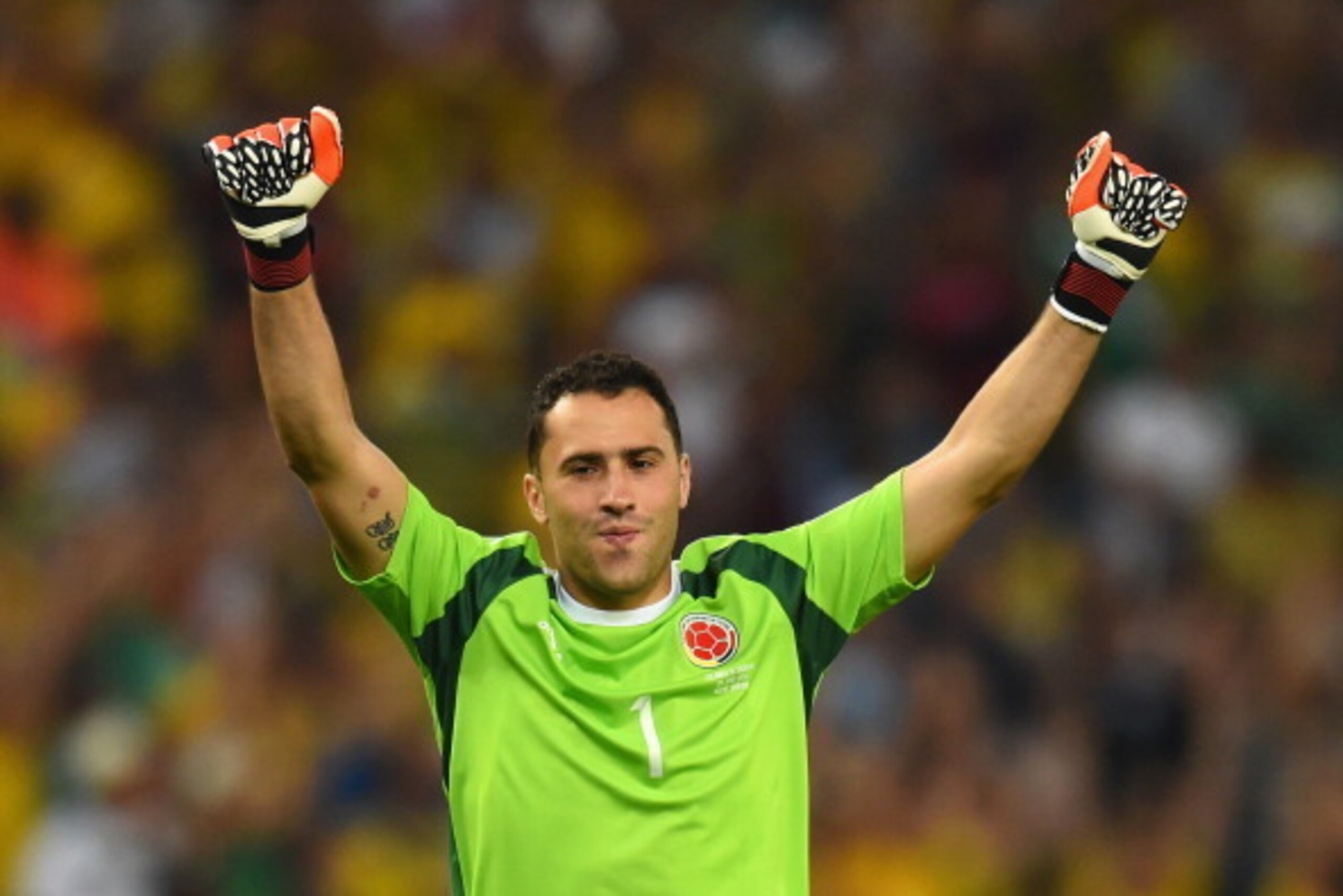 RIO DE JANEIRO, BRAZIL - JUNE 28: David Ospina of Colombia celebrates after his team's first goal during the 2014 FIFA World Cup Brazil round of 16 match between Colombia and Uruguay at Maracana on June 28, 2014 in Rio de Janeiro, Brazil.  (Photo by Matth