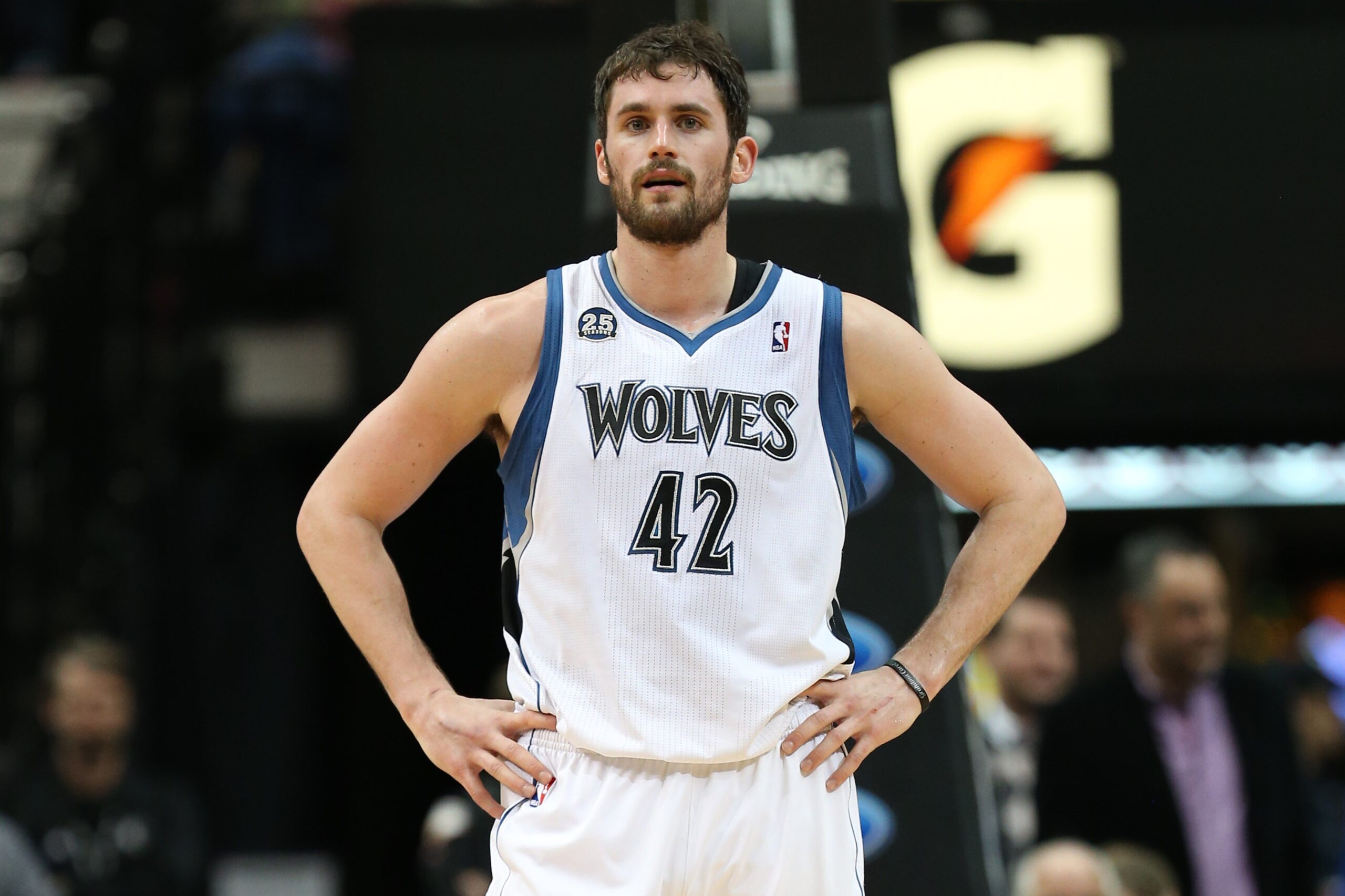 MINNEAPOLIS, MN - FEBRUARY 4:  Kevin Love #42 of the Minnesota Timberwolves stands on the court against the Los Angeles Lakers on February 4, 2014 at Target Center in Minneapolis, Minnesota. NOTE TO USER: User expressly acknowledges and agrees that, by do