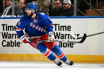 NEW YORK, NY - JUNE 11:  Derick Brassard #16 of the New York Rangers plays the Los Angeles Kings in Game Four of the 2014 Stanley Cup Final at Madison Square Garden on June 11, 2014 in New York City.  (Photo by Dave Sandford/NHLI via Getty Images)