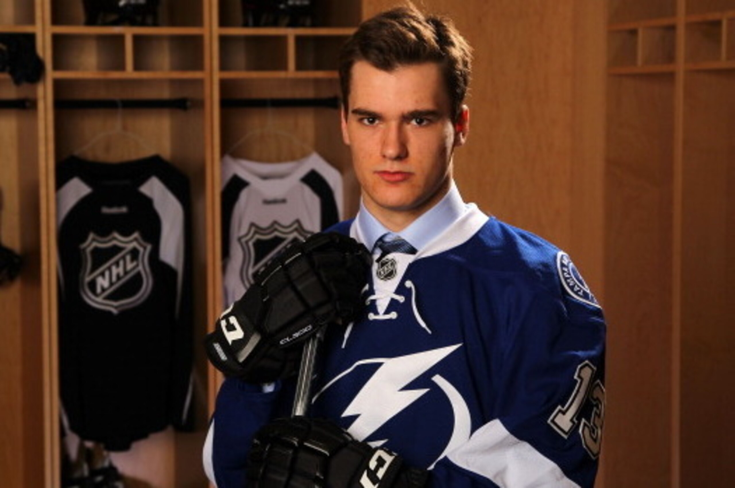 NEWARK, NJ - JUNE 30:  Jonathan Drouin, 3rd pick overall by the Tampa Bay Lighting, poses for a portrait during the 2013 NHL Draft at Prudential Center on June 30, 2013 in Newark, New Jersey.  (Photo by Bill Wippert/NHLI via Getty Images)