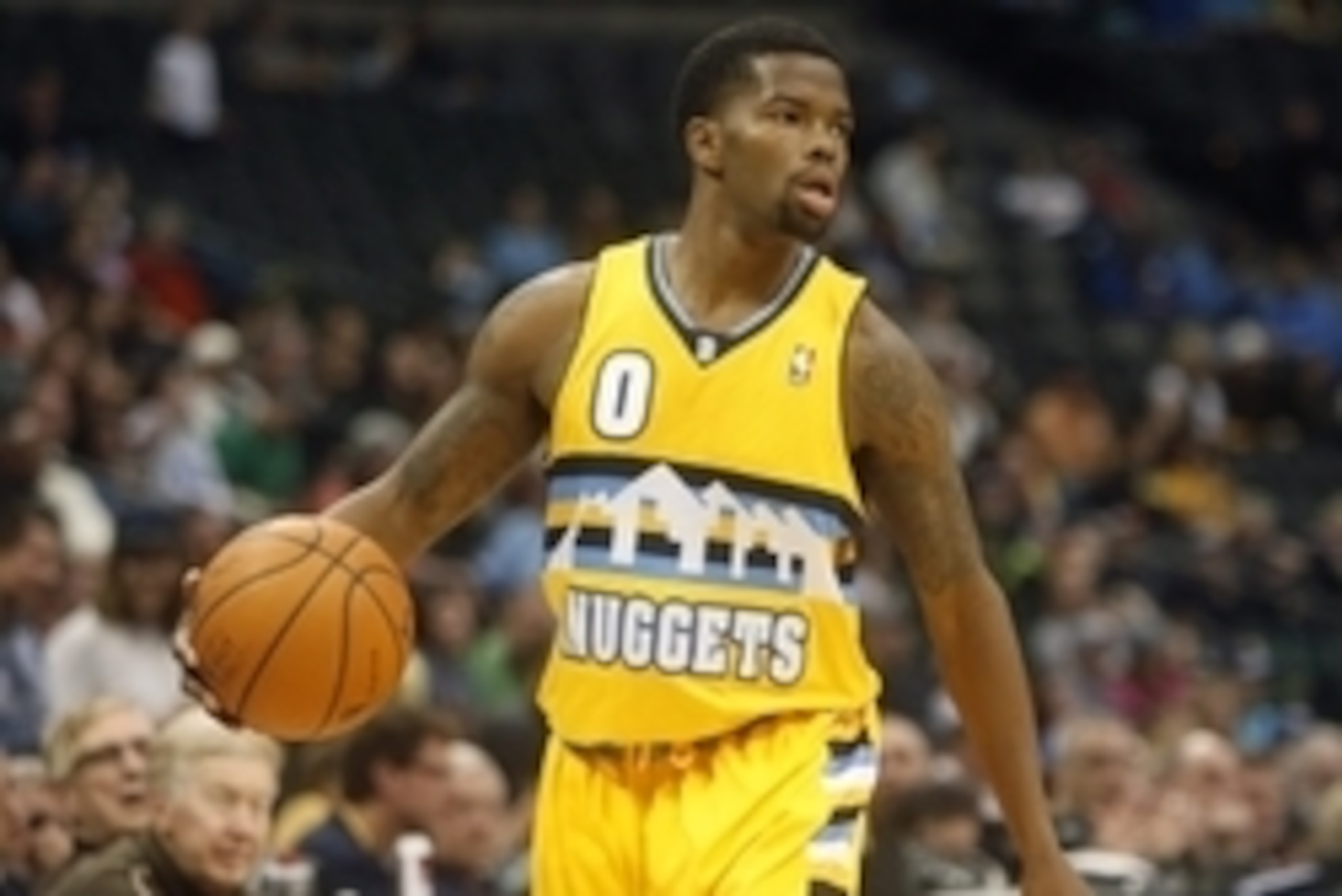 Apr 2, 2014; Denver, CO, USA; Denver Nuggets guard Aaron Brooks (0) with the ball during the second half against the New Orleans Pelicans at Pepsi Center.  The Nuggets won 137-107.  Mandatory Credit: Chris Humphreys-USA TODAY Sports