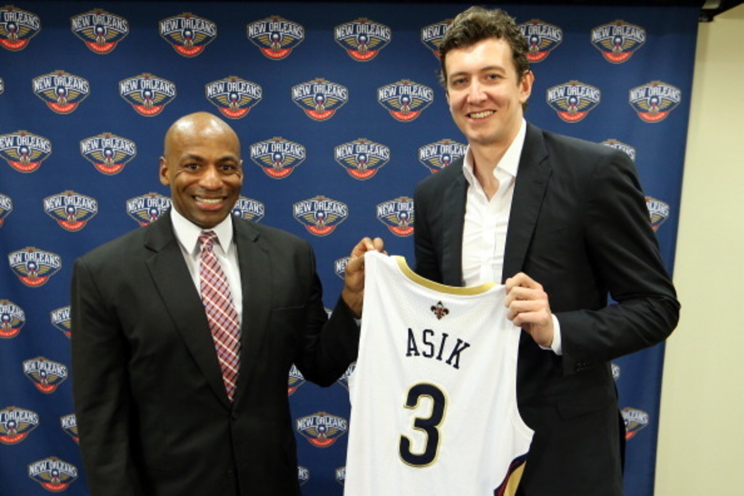 METAIRIE, LA - MARCH 17:  The New Orleans Pelicans center Omer Asik is introduced to the media by General Manager Dell Demps after the team announced Asik had been acquired from the Houston Rockets in a three-team trade on July 15, 2014 at the New Orleans