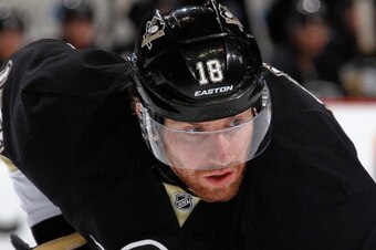 PITTSBURGH, PA - MAY 4:  James Neal #18 of the Pittsburgh Penguins skates against the New York Rangers in Game Two of the Second Round of the 2014 Stanley Cup Playoffs at Consol Energy Center on May 4, 2014 in Pittsburgh, Pennsylvania.  (Photo by Gregory 