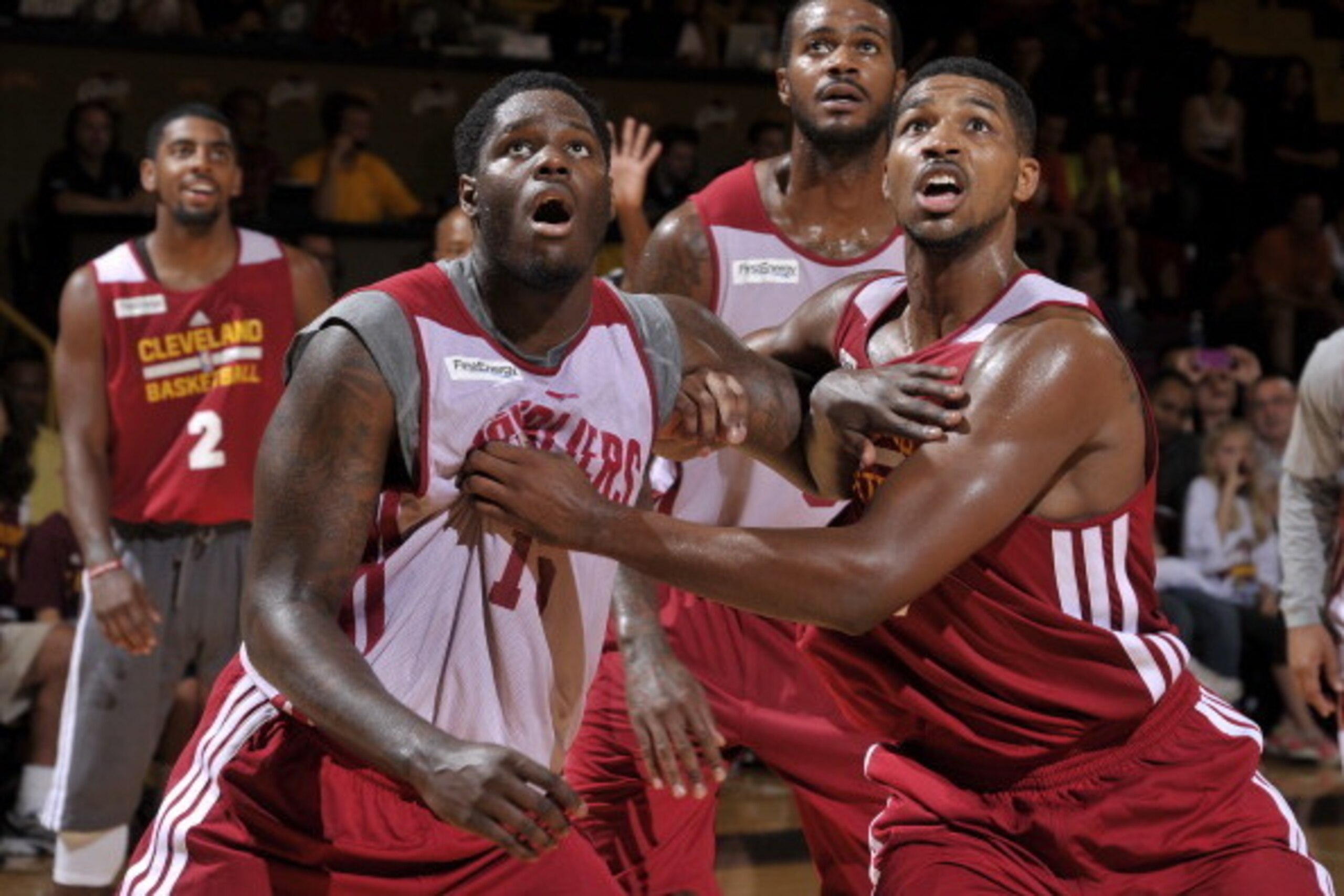 BEREA, OH - OCTOBER 5:  Anthony Bennett #15 of the Cleveland Cavaliers battles for rebound position against Tristan Thompson #13 of the Cleveland Cavaliers during their annual Wine & Gold Scrimmage at The Rudolph Ursprung Gymnasium on October 5, 2013 in B