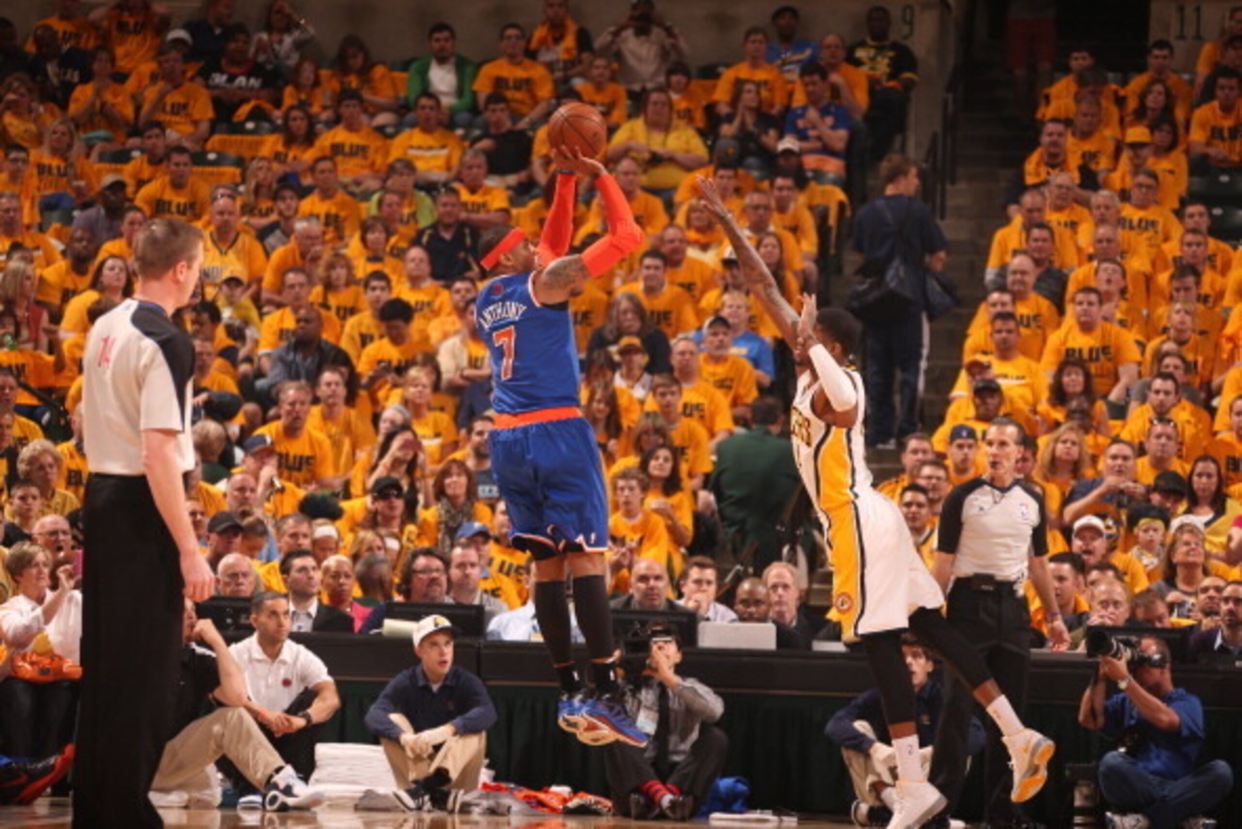 INDIANAPOLIS, IN - MAY 18:  Carmelo Anthony #7 of the New York Knicks goes for a jump shot during the Game Six of the Eastern Conference Semifinals between the New York Knicks and the Indiana Pacers during the 2013 NBA Playoffs on May 18, 2013 at Bankers 