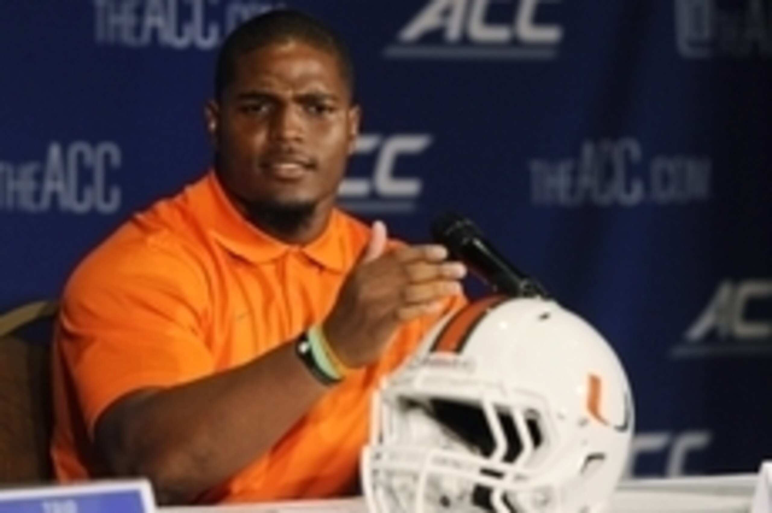 Jul 20, 2014; Greensboro, NC, USA;  Miami Hurricanes linebacker Denzel Perryman addresses the media during the ACC football media day at the Grandover Resort. Mandatory Credit: Sam Sharpe-USA TODAY Sports