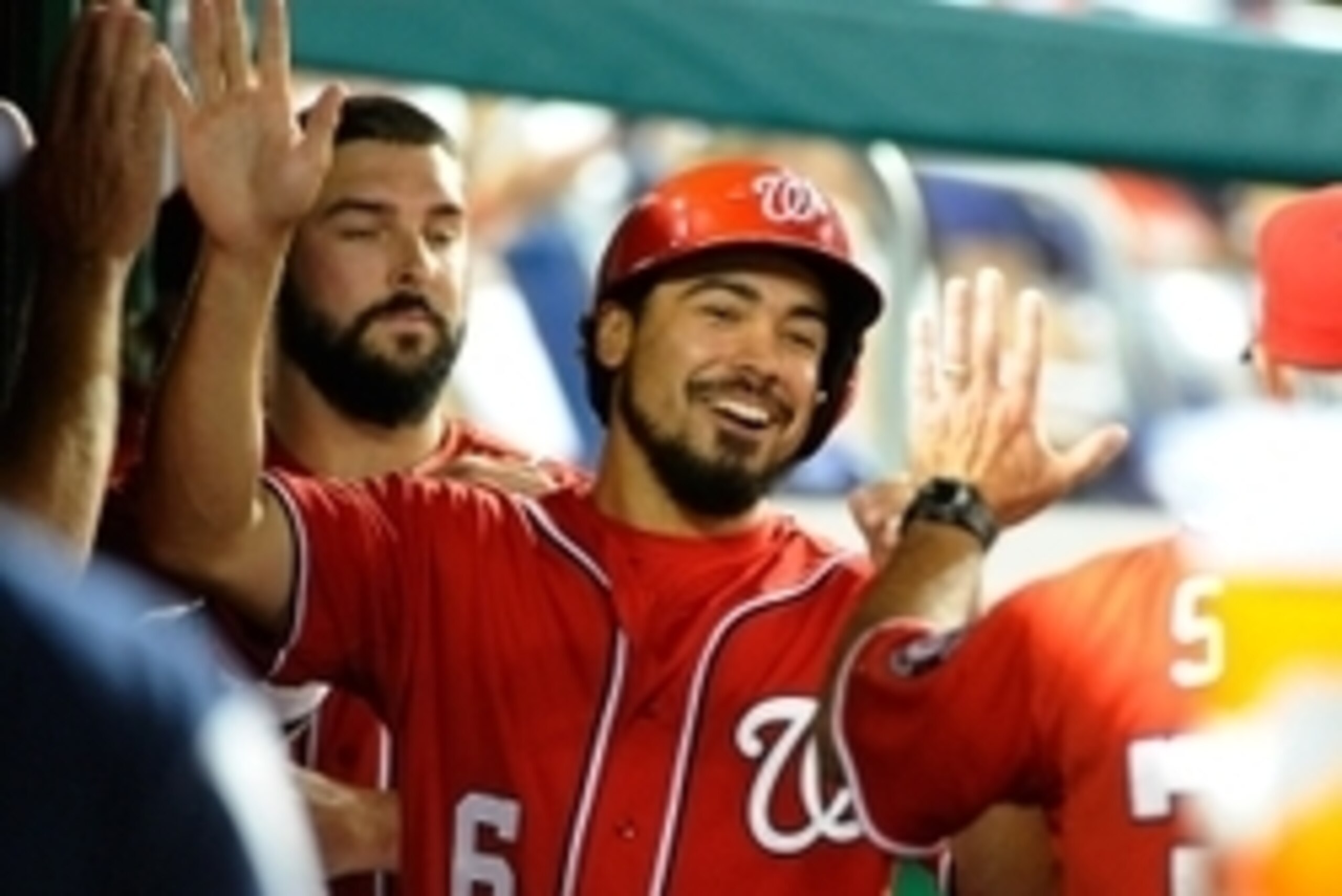 Jul 19, 2014; Washington, DC, USA; Washington Nationals second baseman Anthony Rendon (6) reacts after scoring a run against the Milwaukee Brewers during the sixth inning at Nationals Park. The Nationals won 8-3. Mandatory Credit: Brad Mills-USA TODAY Spo