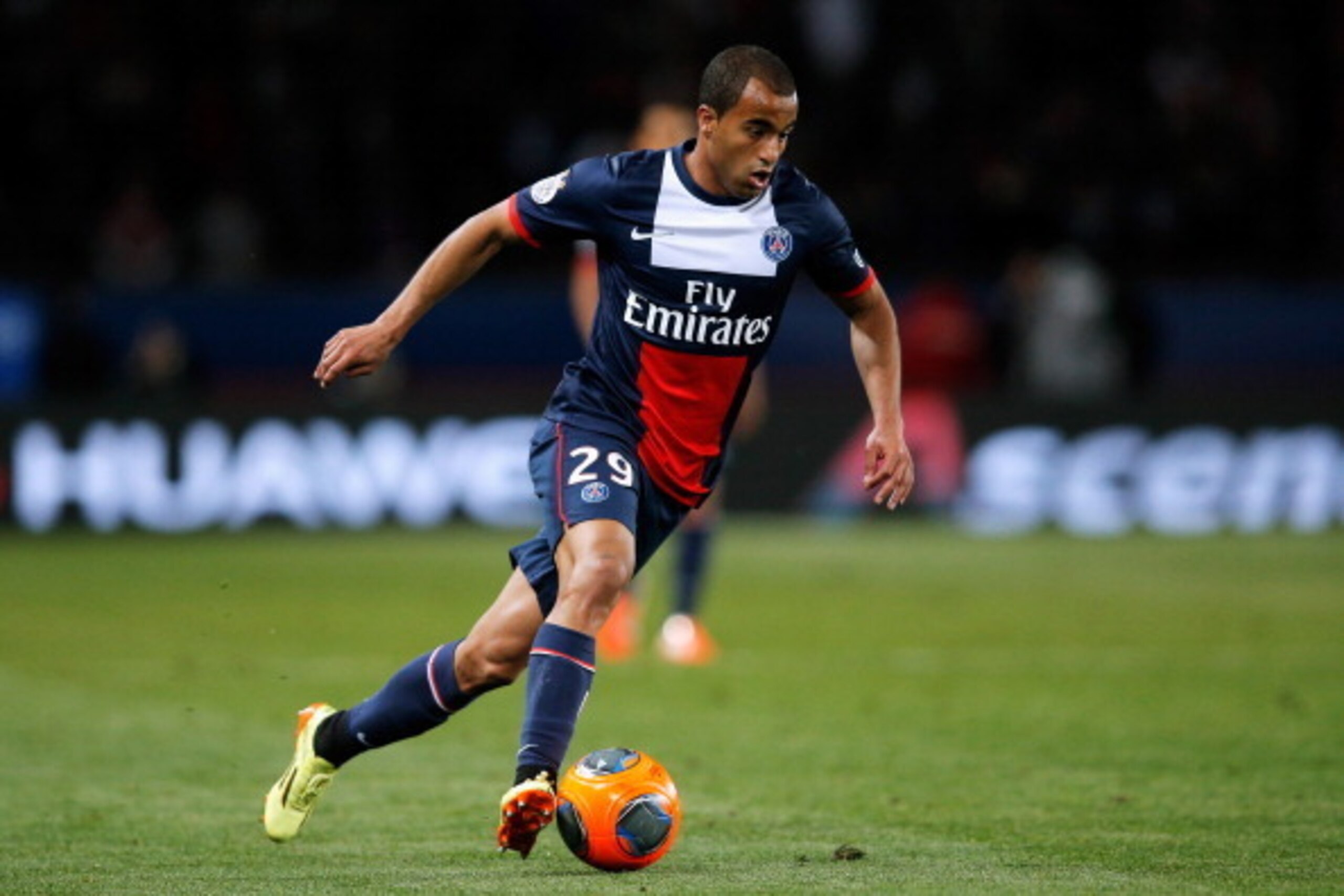 PARIS, FRANCE - MAY 07:  Lucas Moura of PSG in action during the Ligue 1 match between Paris Saint-Germain FC and Stade Rennais FC at Parc des Princes on May 7, 2014 in Paris, France.  (Photo by Dean Mouhtaropoulos/Getty Images)