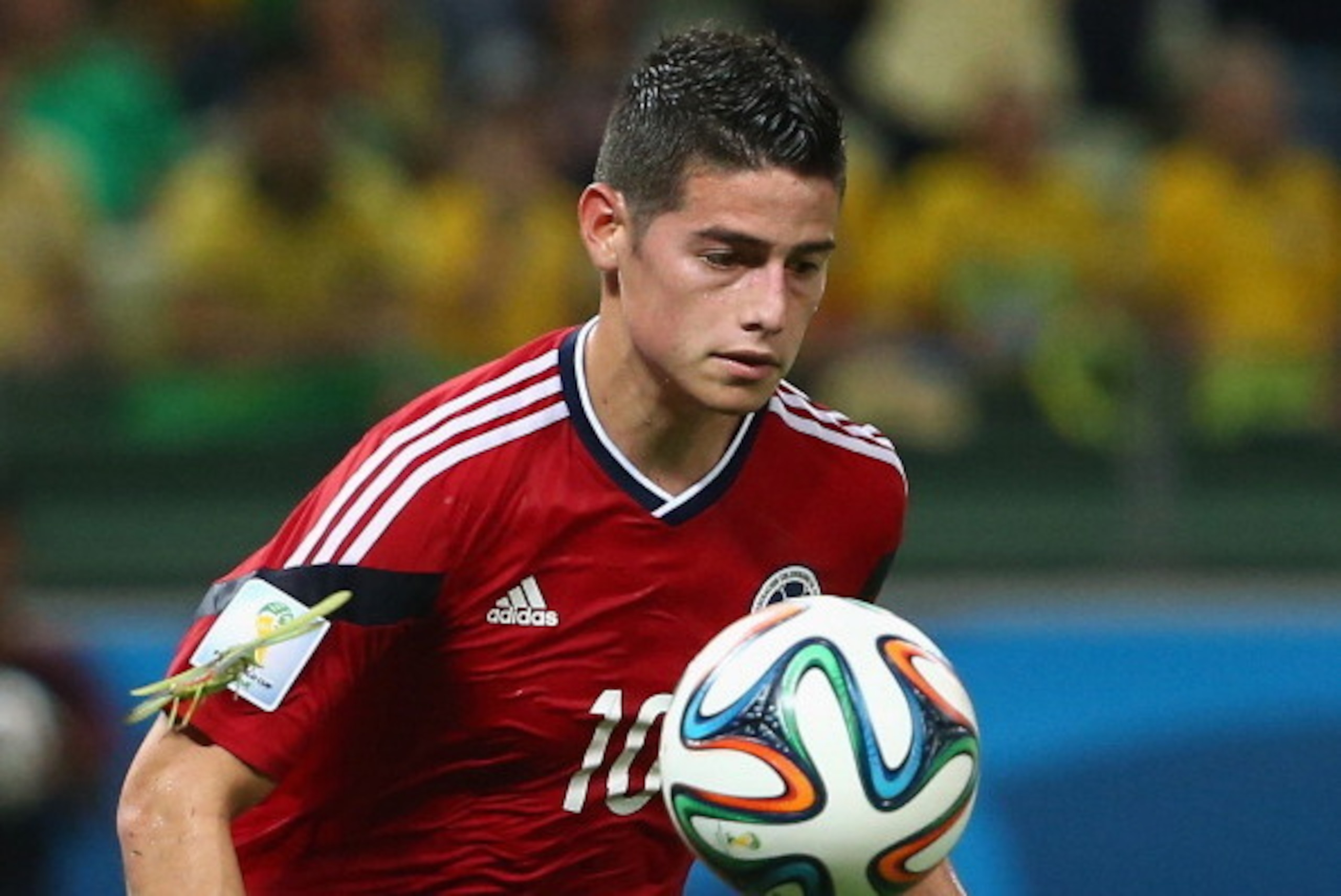 FORTALEZA, BRAZIL - JULY 04:  A bug lands on the arm of James Rodriguez of Colombia as he celebrates scoring his team's first goal on a penalty kick during the 2014 FIFA World Cup Brazil Quarter Final match between Brazil and Colombia at Castelao on July 