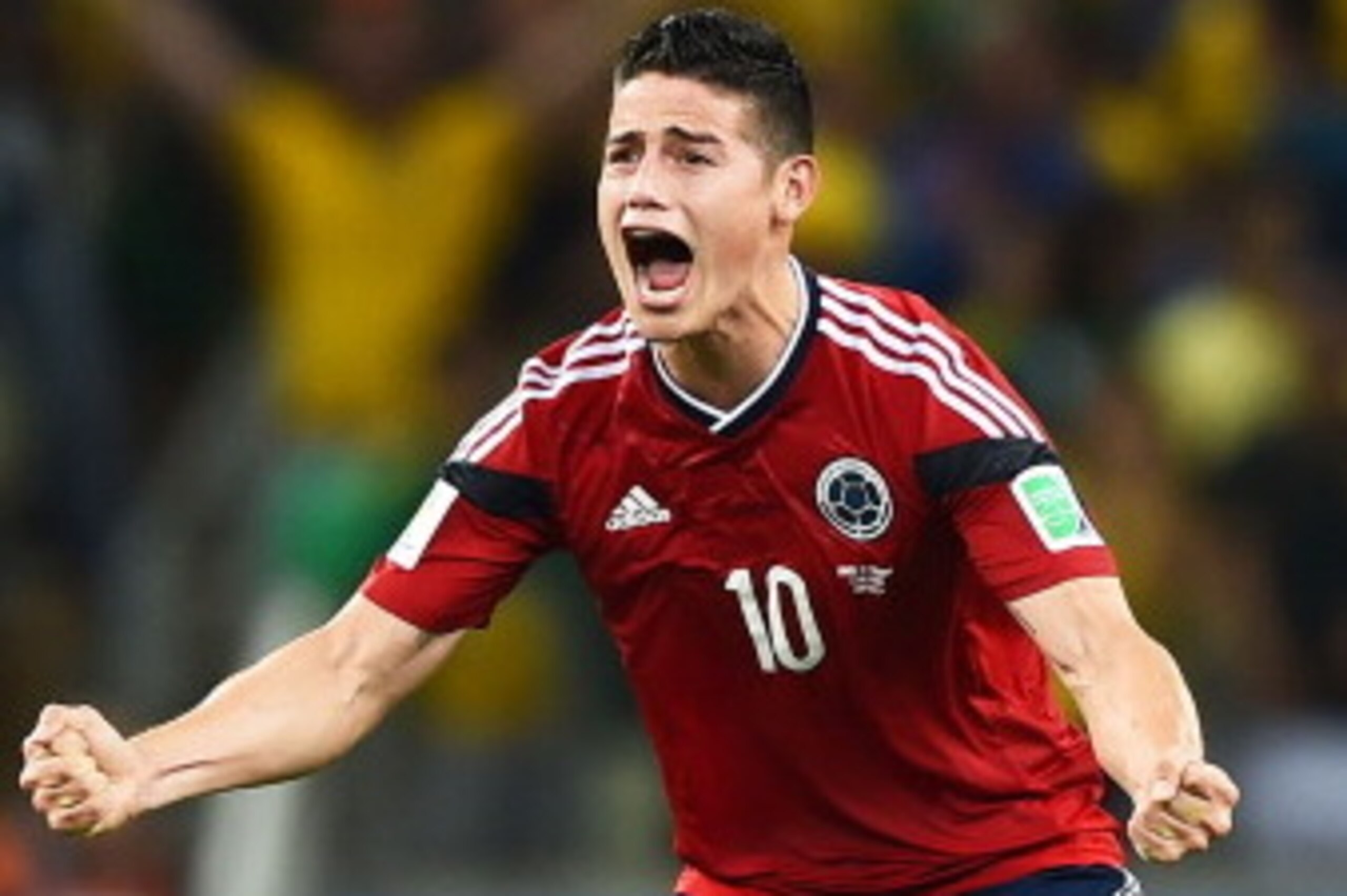 FORTALEZA, BRAZIL - JULY 04:  James Rodriguez of Colombia celebrates scoring his team's first goal on a penalty kick during the 2014 FIFA World Cup Brazil Quarter Final match between Brazil and Colombia at Castelao on July 4, 2014 in Fortaleza, Brazil.  (