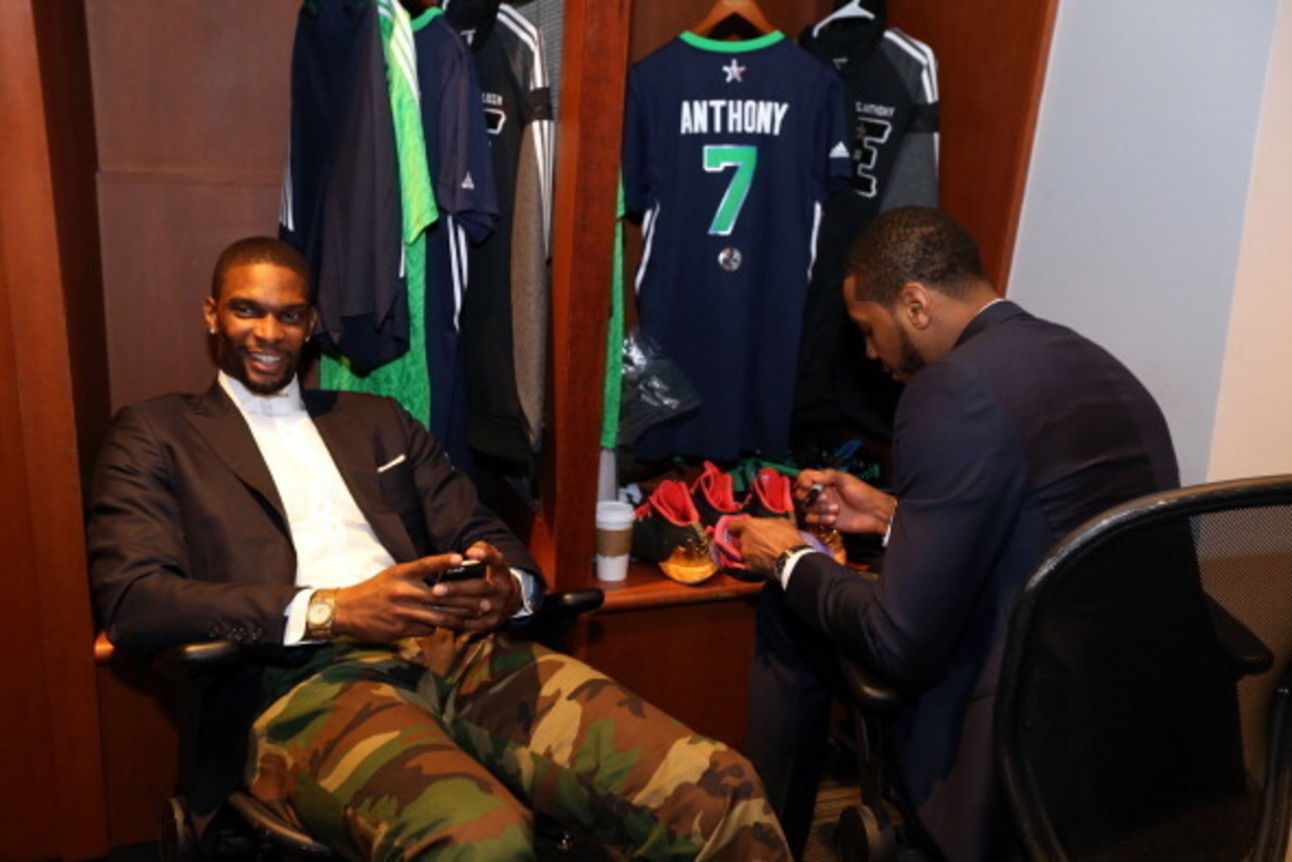 NEW ORLEANS, LA - FEBRUARY 16: Chris Bosh #1 and Carmelo Anthony #7 of the Eastern Conference All-Stars sit in the lockerroom during the 2014 NBA All-Star Game at Smoothie King Center on February 16, 2014 in New Orleans, Louisiana. NOTE TO USER: User expr