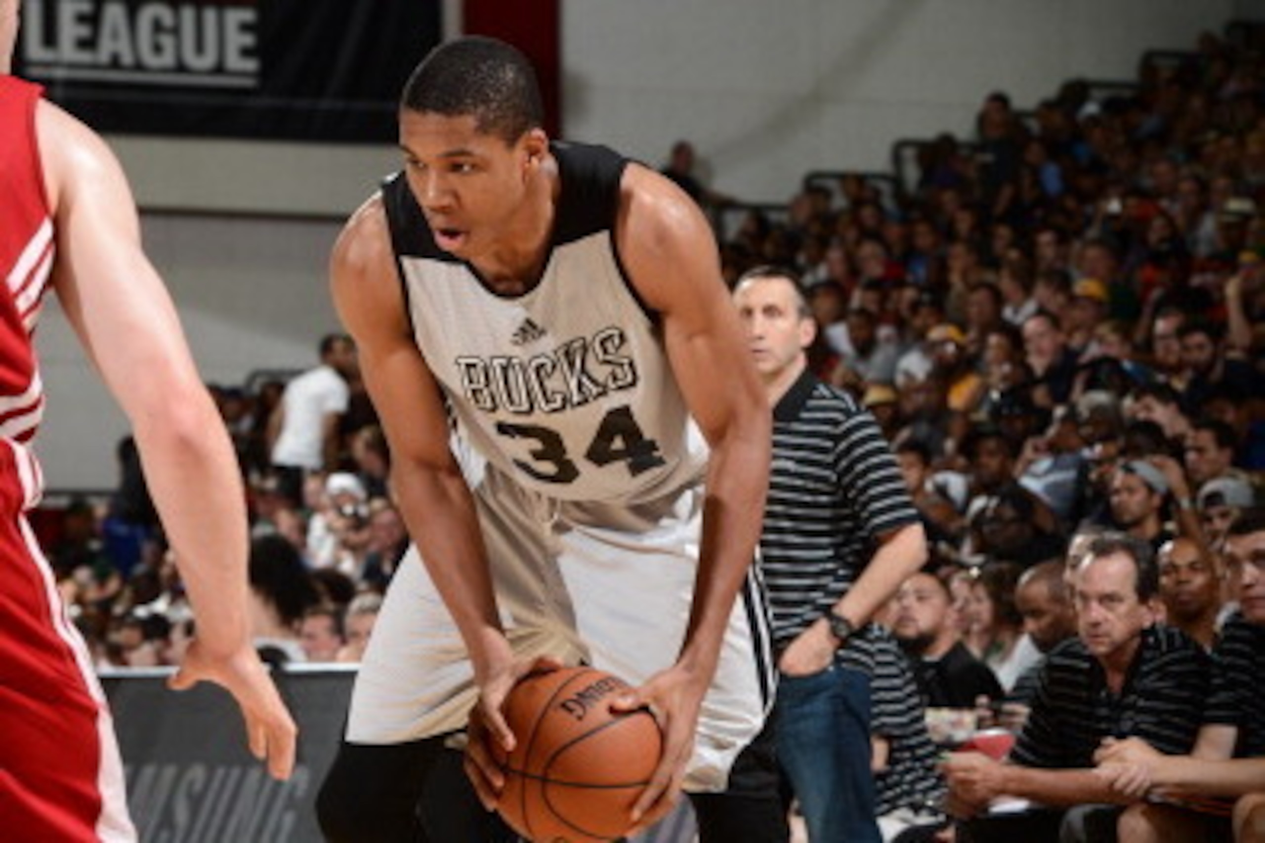 LAS VEGAS, NV - JULY 11: Giannis Antetokounmpo #34 of the Milwaukee Bucks controls the ball against the Cleveland Cavaliers at the Samsung NBA Summer League 2014 on July 11, 2014 at the Cox Pavilion in Las Vegas, Nevada. NOTE TO USER: User expressly ackno