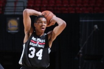 LAS VEGAS, NV - JULY 16: Giannis Antetokounmpo #34 of the Milwaukee Bucks looks to pass the ball against the San Antonio Spurs at the Samsung NBA Summer League 2014 on July 16, 2014 at the Thomas & Mack Center in Las Vegas, Nevada. NOTE TO USER: User expr