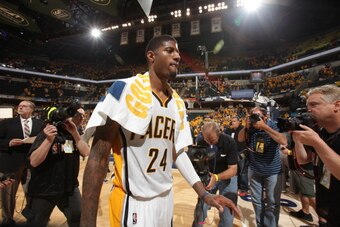 INDIANAPOLIS, IN - MAY 28: Paul George #24 of the Indiana Pacers celebrates after Game Five of the Eastern Conference Finals against the Miami Heat during the 2014 NBA Playoffs on May 28, 2014 at Bankers Life Fieldhouse, Indianapolis, IN. NOTE TO USER: Us