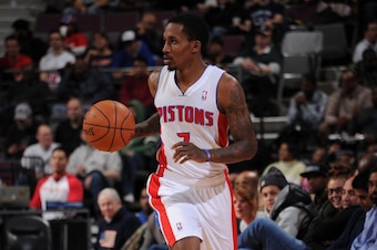 AUBURN HILLS, MI - MARCH 5: Brandon Jennings #7 of the Detroit Pistons dribbles the ball against the Chicago Bulls during the game on March 5, 2014 at The Palace of Auburn Hills in Auburn Hills, Michigan. NOTE TO USER: User expressly acknowledges and agre